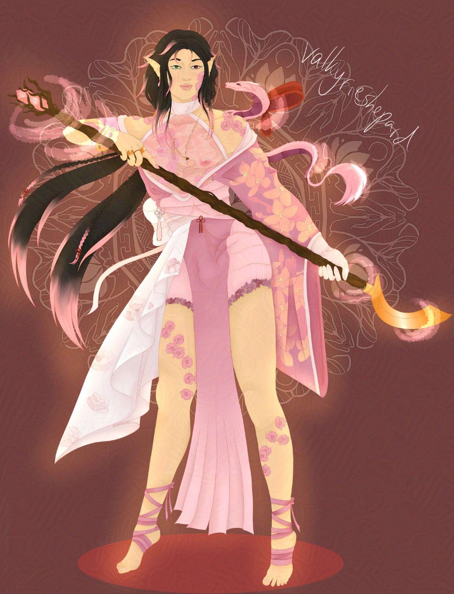 OC Hua Xiuying, a pale east asian elf with one green, one red eye. he has black hair in twin ponytails, with pink ends. he wears a hanfu inspired outfit in pink and white, with only bandages on his feet. plum blossom markings are scattered on his skin. he poses with a glaive staff and his noodle dragon feifei, also pink.