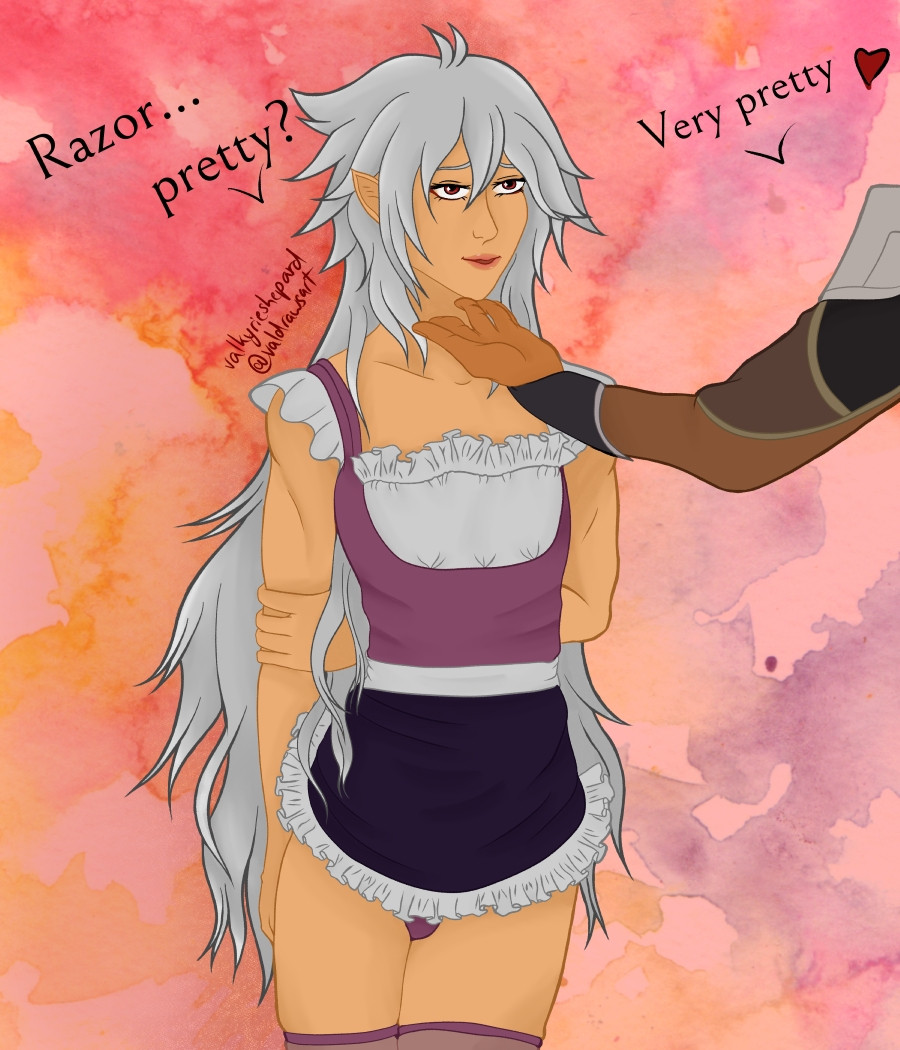 Illustration of Razor from Genshin Impact in a maid outfit, asking shyly if he's pretty. From off screen Zhongli's hand cups his chin, he tells him he's very pretty