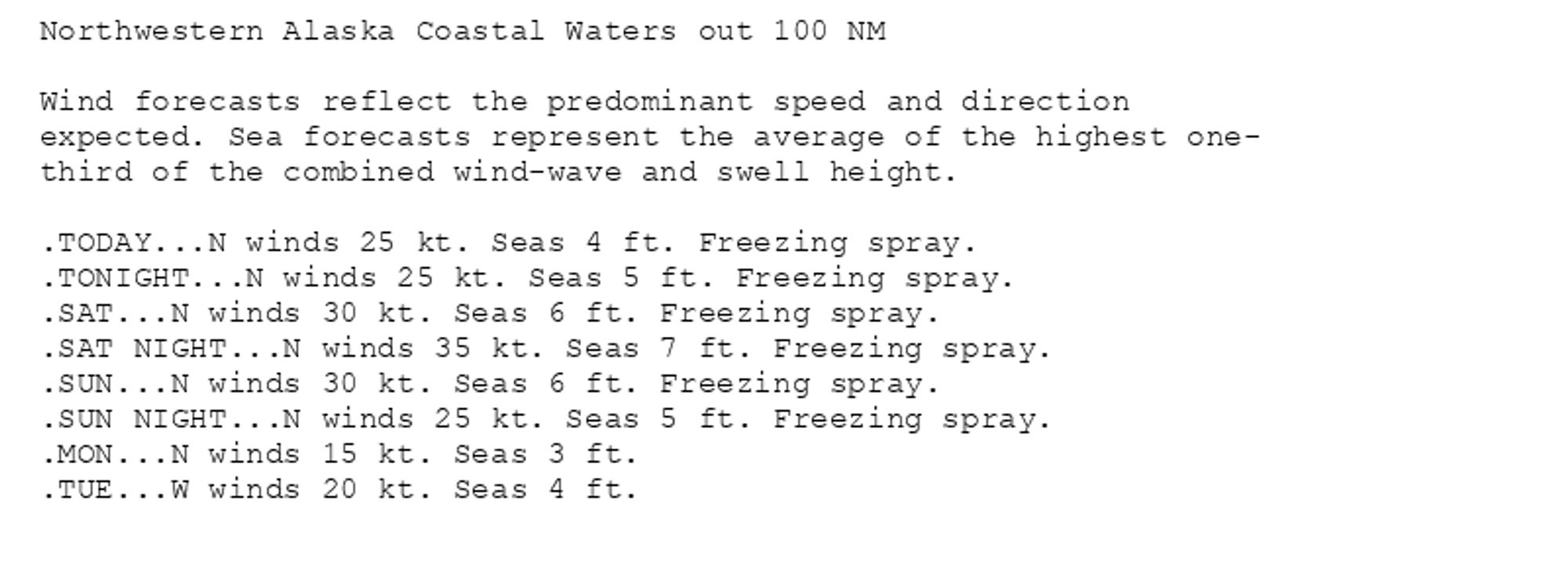 Northwestern Alaska Coastal Waters out 100 NM

Wind forecasts reflect the predominant speed and direction
expected. Sea forecasts represent the average of the highest one-
third of the combined wind-wave and swell height.

.TODAY...N winds 25 kt. Seas 4 ft. Freezing spray.
.TONIGHT...N winds 25 kt. Seas 5 ft. Freezing spray.
.SAT...N winds 30 kt. Seas 6 ft. Freezing spray.
.SAT NIGHT...N winds 35 kt. Seas 7 ft. Freezing spray.
.SUN...N winds 30 kt. Seas 6 ft. Freezing spray.
.SUN NIGHT...N winds 25 kt. Seas 5 ft. Freezing spray.
.MON...N winds 15 kt. Seas 3 ft.
.TUE...W winds 20 kt. Seas 4 ft.