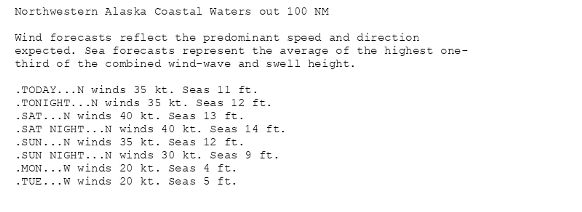 Northwestern Alaska Coastal Waters out 100 NM

Wind forecasts reflect the predominant speed and direction
expected. Sea forecasts represent the average of the highest one-
third of the combined wind-wave and swell height.

.TODAY...N winds 35 kt. Seas 11 ft.
.TONIGHT...N winds 35 kt. Seas 12 ft.
.SAT...N winds 40 kt. Seas 13 ft.
.SAT NIGHT...N winds 40 kt. Seas 14 ft.
.SUN...N winds 35 kt. Seas 12 ft.
.SUN NIGHT...N winds 30 kt. Seas 9 ft.
.MON...W winds 20 kt. Seas 4 ft.
.TUE...W winds 20 kt. Seas 5 ft.