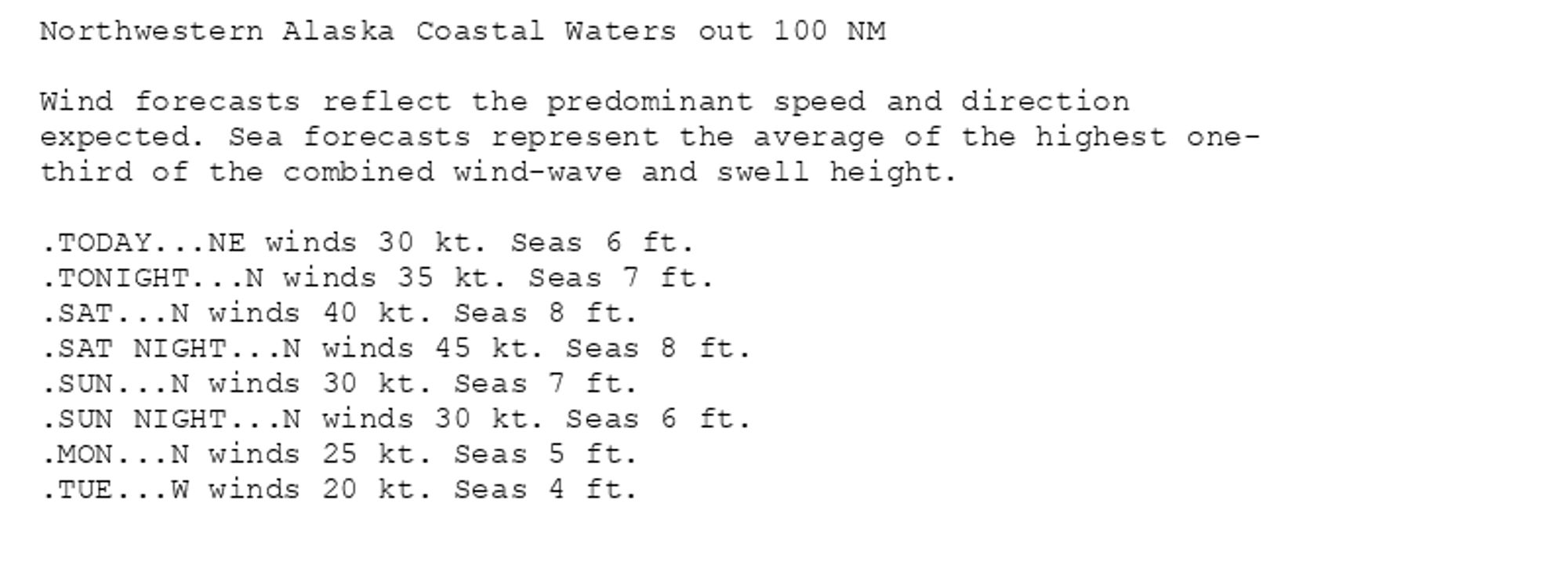 Northwestern Alaska Coastal Waters out 100 NM

Wind forecasts reflect the predominant speed and direction
expected. Sea forecasts represent the average of the highest one-
third of the combined wind-wave and swell height.

.TODAY...NE winds 30 kt. Seas 6 ft.
.TONIGHT...N winds 35 kt. Seas 7 ft.
.SAT...N winds 40 kt. Seas 8 ft.
.SAT NIGHT...N winds 45 kt. Seas 8 ft.
.SUN...N winds 30 kt. Seas 7 ft.
.SUN NIGHT...N winds 30 kt. Seas 6 ft.
.MON...N winds 25 kt. Seas 5 ft.
.TUE...W winds 20 kt. Seas 4 ft.