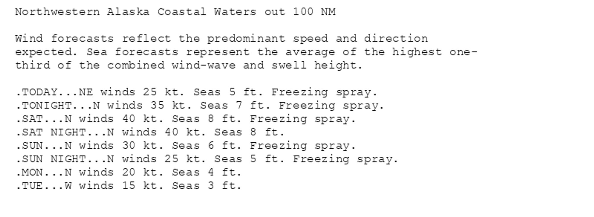 Northwestern Alaska Coastal Waters out 100 NM

Wind forecasts reflect the predominant speed and direction
expected. Sea forecasts represent the average of the highest one-
third of the combined wind-wave and swell height.

.TODAY...NE winds 25 kt. Seas 5 ft. Freezing spray.
.TONIGHT...N winds 35 kt. Seas 7 ft. Freezing spray.
.SAT...N winds 40 kt. Seas 8 ft. Freezing spray.
.SAT NIGHT...N winds 40 kt. Seas 8 ft.
.SUN...N winds 30 kt. Seas 6 ft. Freezing spray.
.SUN NIGHT...N winds 25 kt. Seas 5 ft. Freezing spray.
.MON...N winds 20 kt. Seas 4 ft.
.TUE...W winds 15 kt. Seas 3 ft.