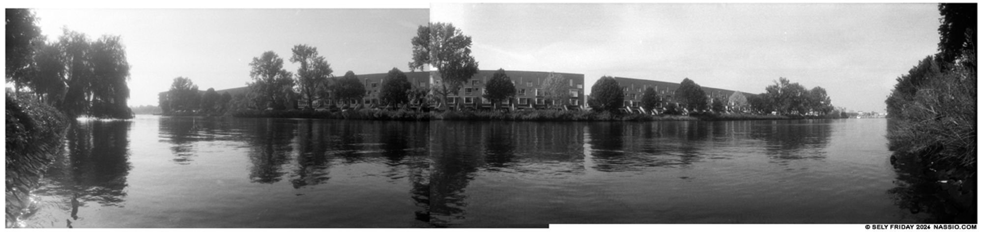 180 wide black and white panorama of the Voorzaan in Zaandam looking over to the Eiland.