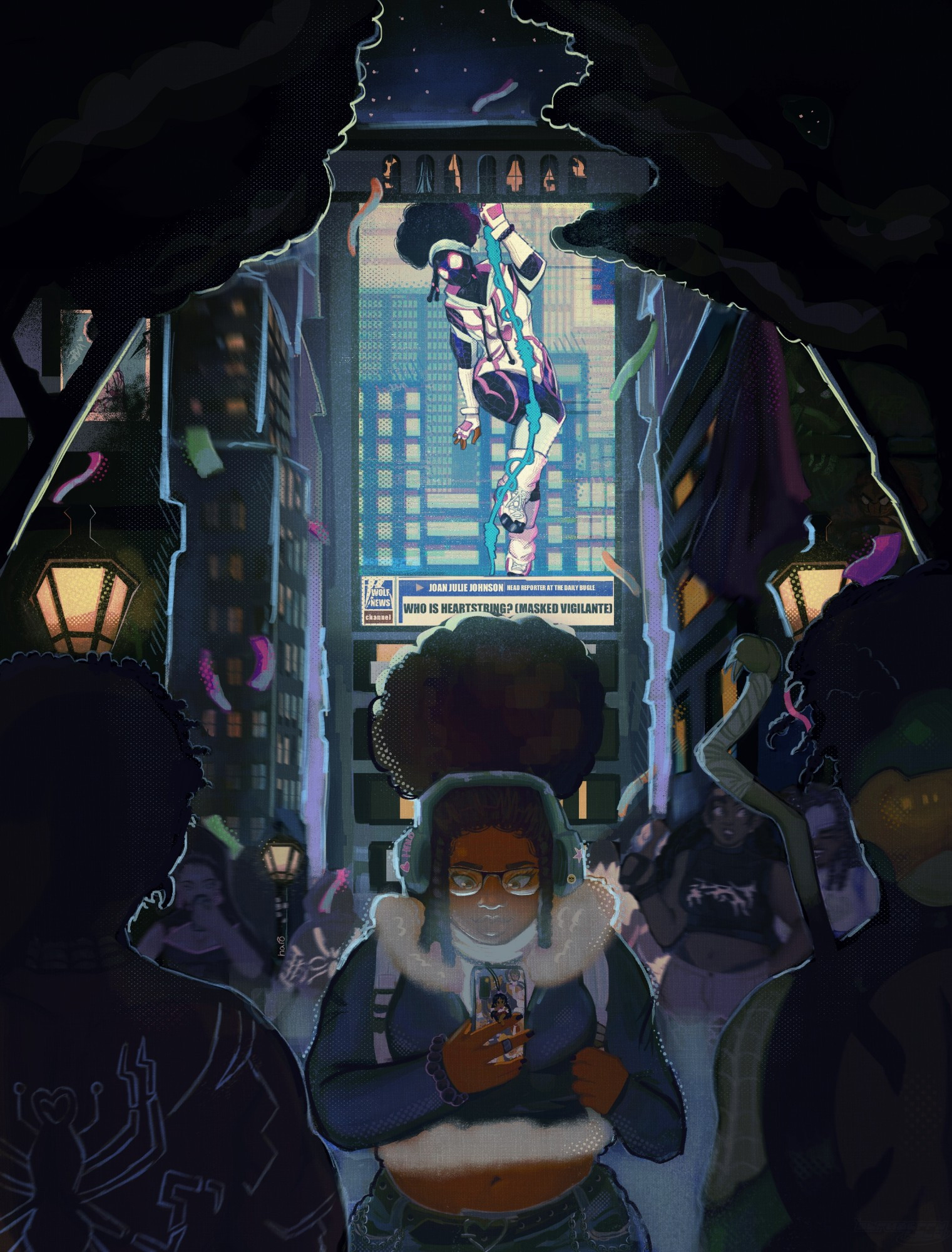 This image features my spidersona "Heartstring" walking around the city in their universe. Featuring other spidersonas with them as the main focal point of the image. A nighttime setting with a giant screen on a building flashing images of a news broadcast in search of the new "masked vigilante". With street lights burning bright and confetti all around with small Easter eggs of spidersona graffiti on some of the buildings in the foreground. 

Heartstring has 4c hair and tends to wear it in a big  afro puff. They have a fuzzy winter coat on with music blasting in their headphones and, square shaped lens glasses, denim blue jeans, and a backpack.