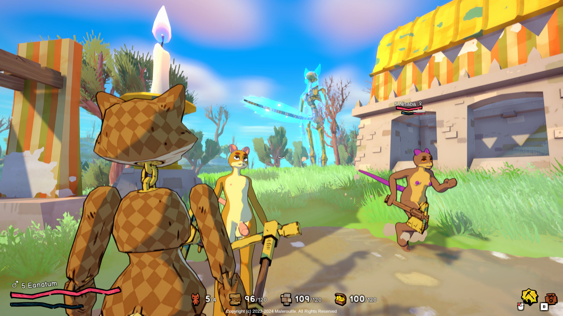 Furries running around in the player's village while a magic doll chill between two tasks.