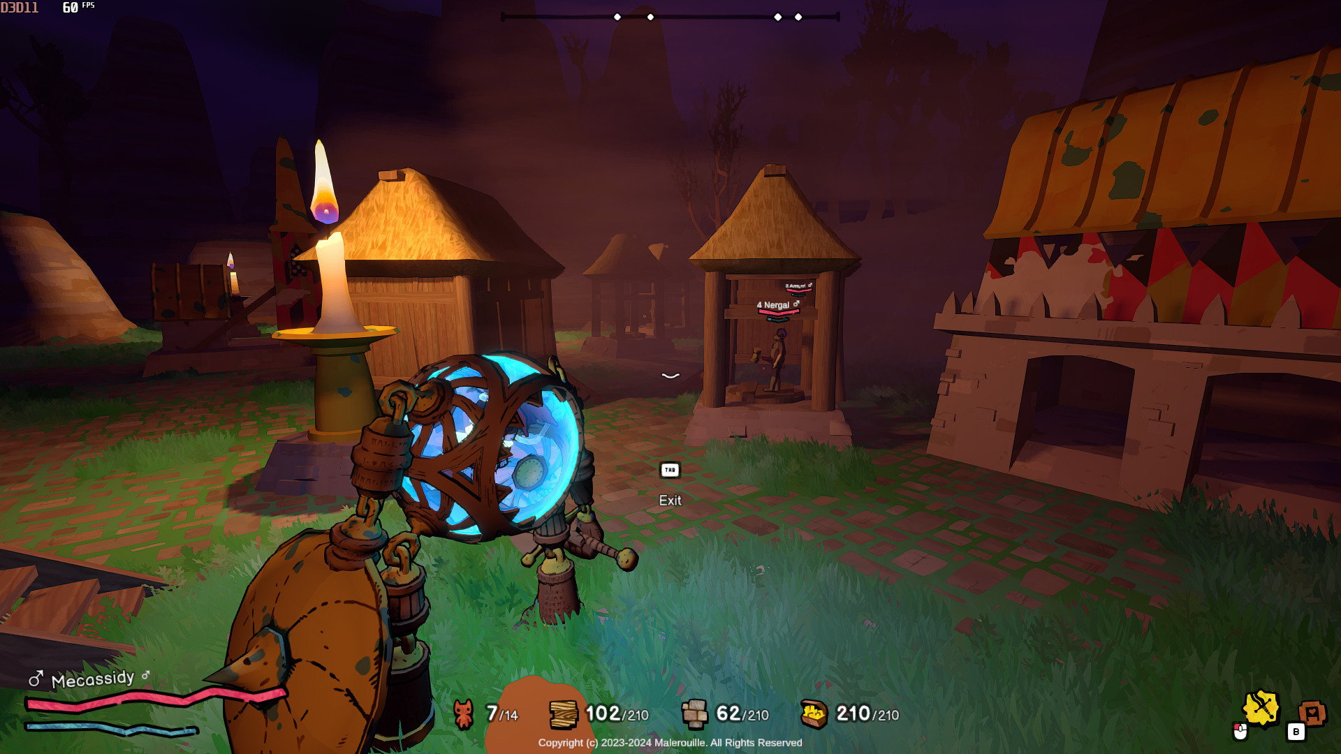 Screeshot showing a mechs in the game, piloted by the player, in the middle of their village.