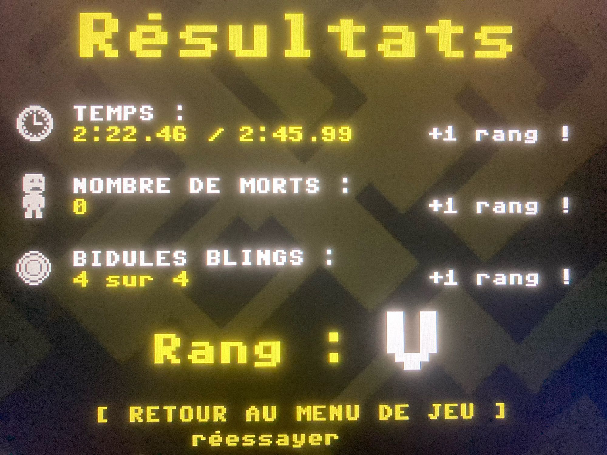 Les statistiques du niveau Laboratoire de VVVVV ou l’ont peut voir un temps de 2min 22 contre 2min 45 pour l’objectif, aucune mort et 4 bidules bling bling ramassés 
Le rang final est V, le plus haut possible du jeu