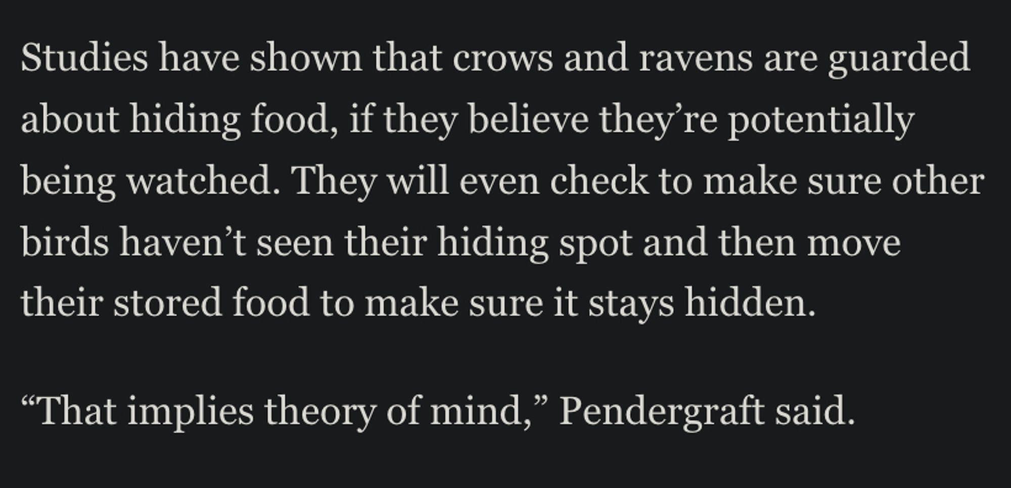 screenshot continued: Studies have shown that crows and ravens are guarded about hiding food, if they believe they’re potentially being watched. They will even check to make sure other birds haven’t seen their hiding spot and then move their stored food to make sure it stays hidden.

“That implies theory of mind,” Pendergraft said.