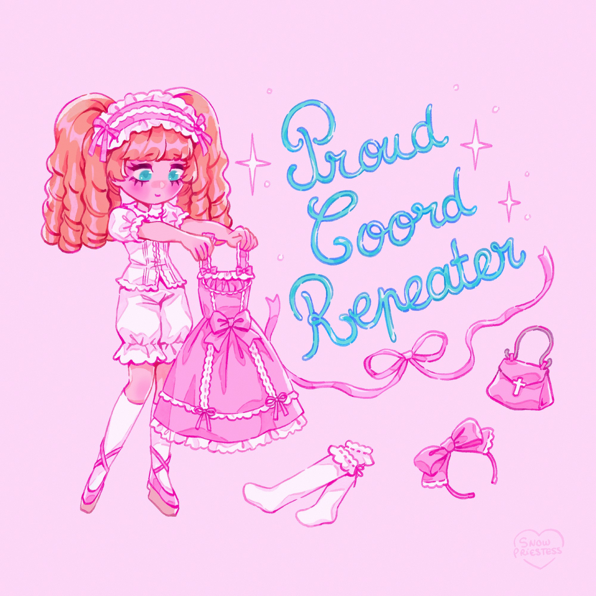 A girl with green eyes and red hair wearing lolita underwear (bloomers, blouse). She is holding a pink lolita dress. It's written Proud coord repeater and lolita headbow, socks and bag are scattered around it.