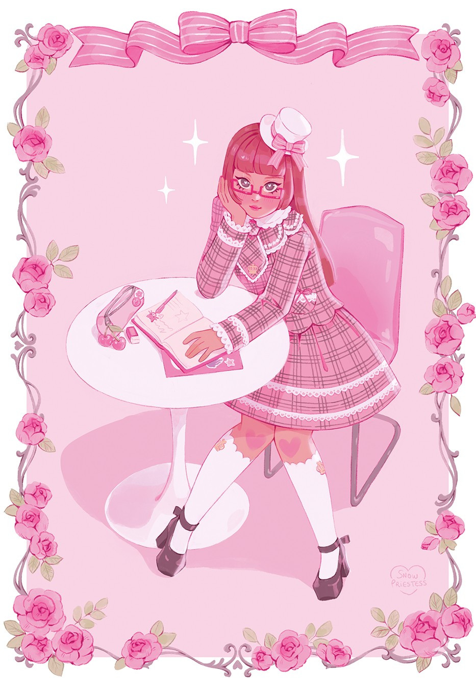 Sweet lolita wearing a pink tartan set, a white minihat, white socks and dark platforms. She is at a table and surrounded by a frame with pink roses