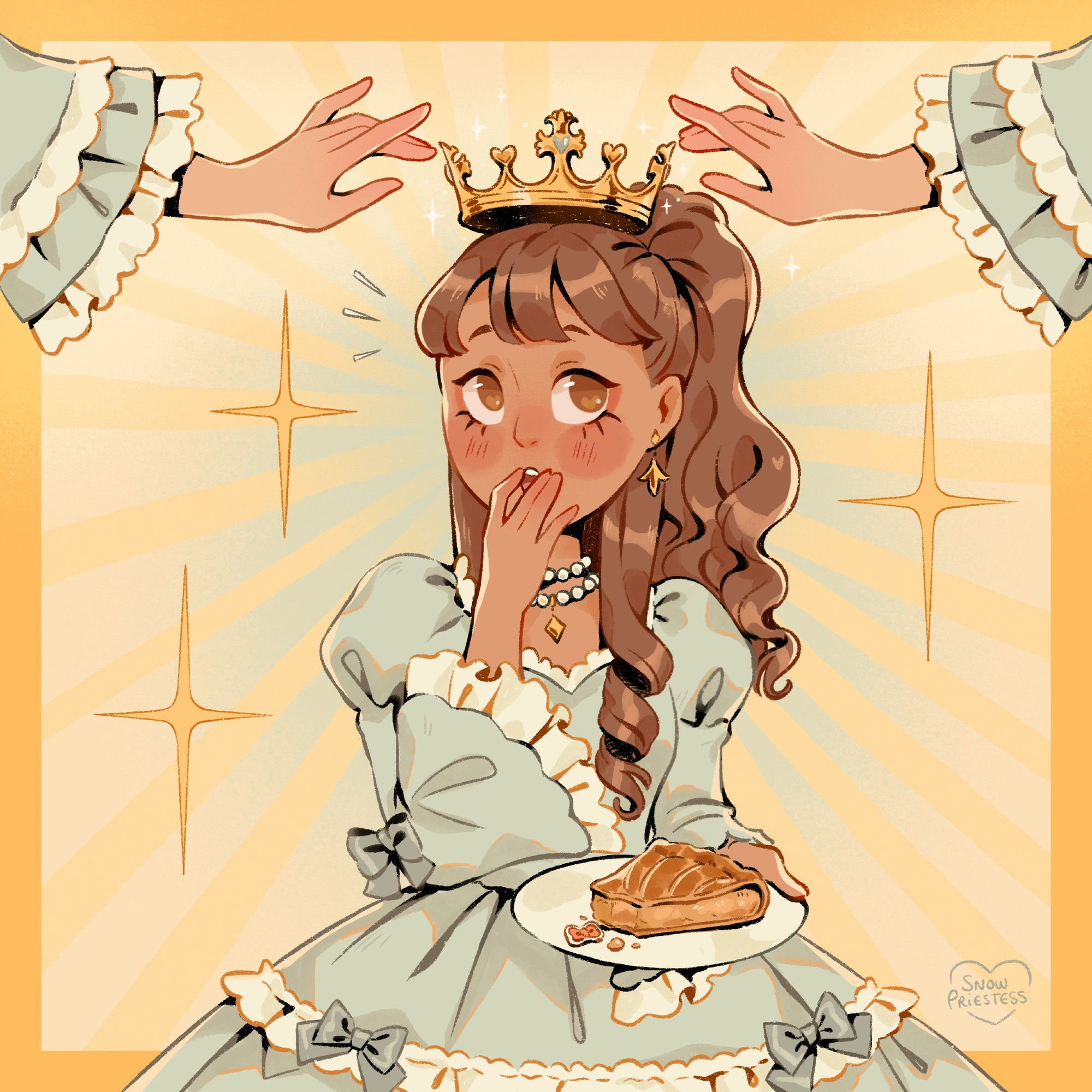 Lolita in a light teal hime dress holding a plate with a serving of galette des rois. She has the fève and is crowned by two floating hands