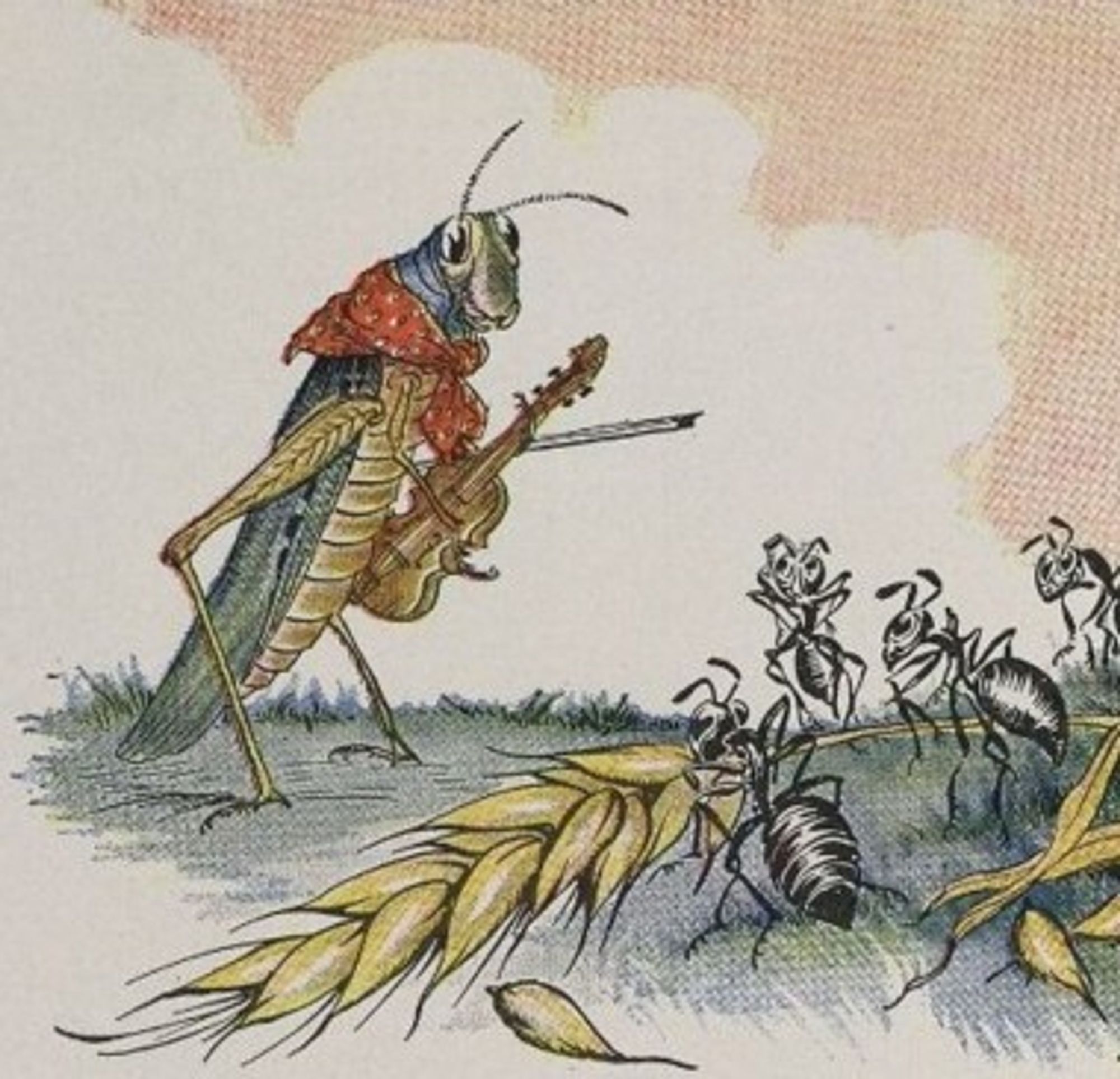 Illustration of a grasshopper holding a fiddle having a conversation with a group of ants harvesting grain