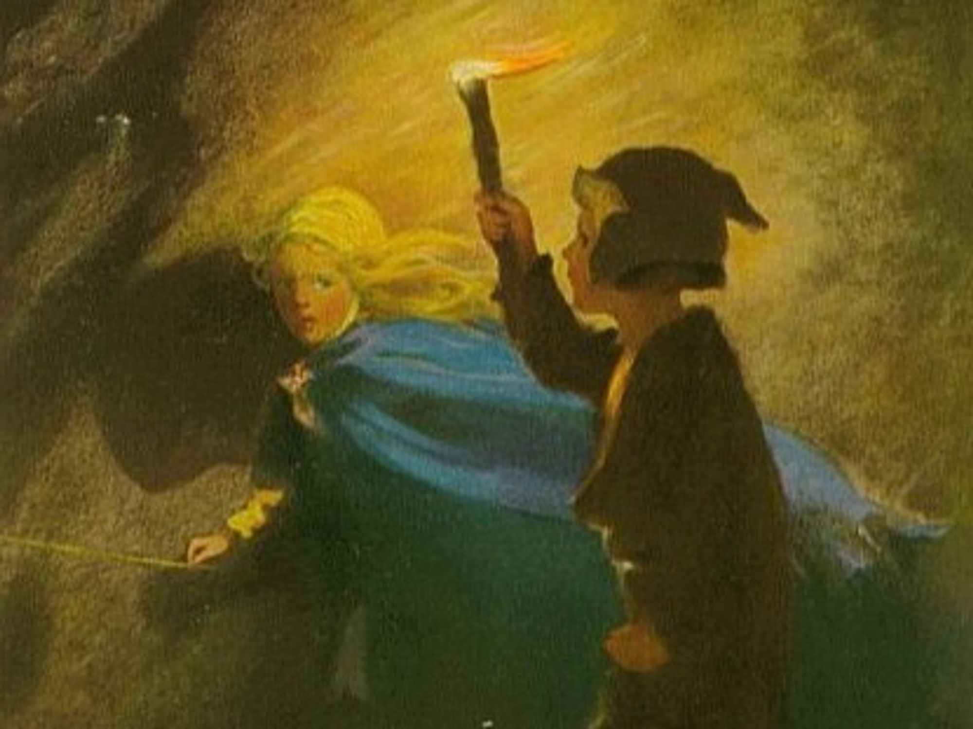 Illustration of Princess Irene and Curdie from 'The Princess and the Goblin' making their way through the goblin tunnels