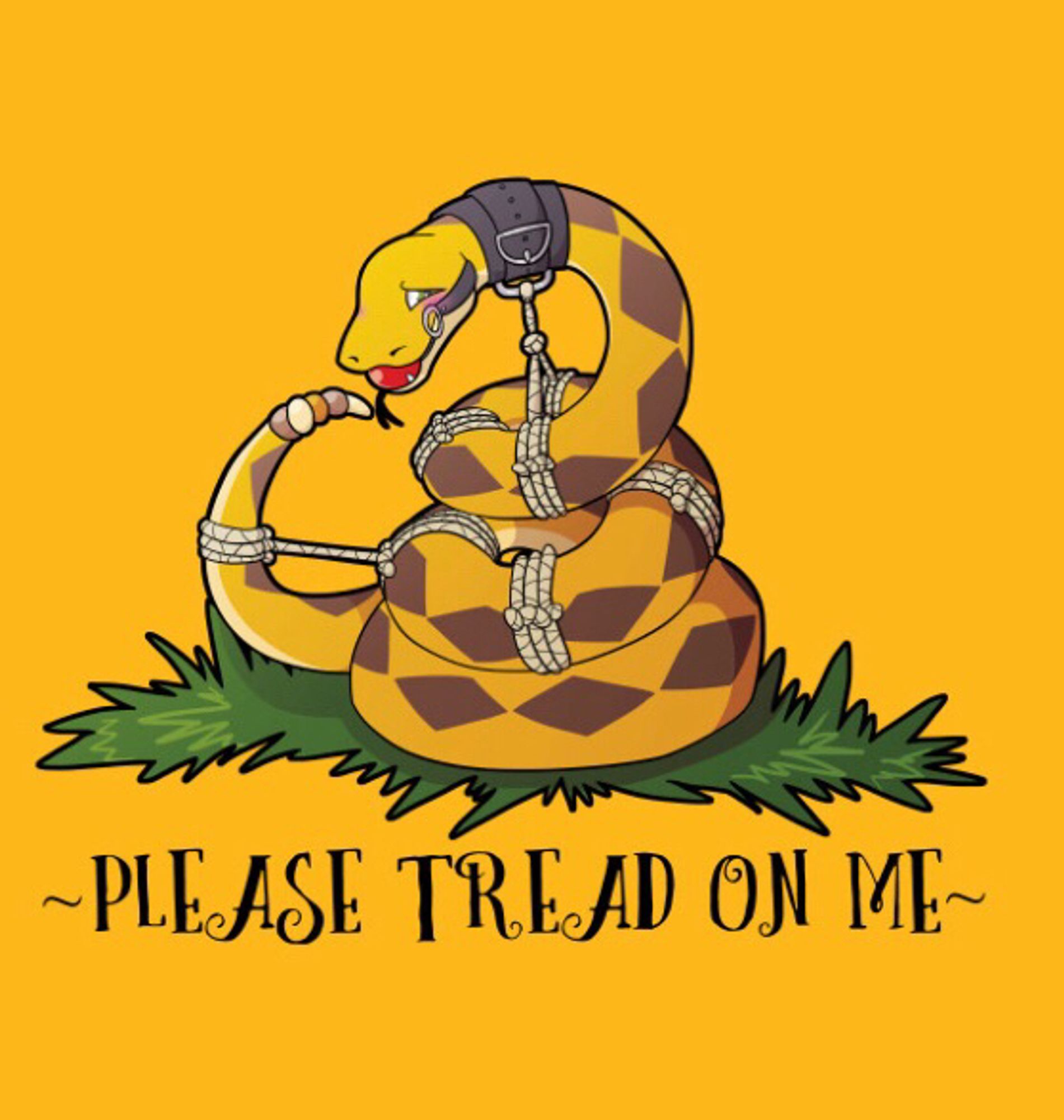 A yellow snake with brown diamonds coiled up on a patch of glass on a bright yellow background. The snake is gagged and tied up by rope. Caption reads “please tread on me”