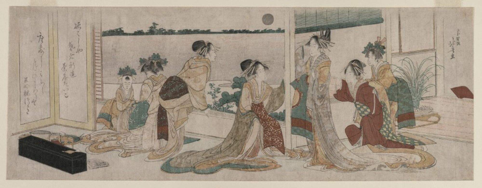 <em>Gomeirō</em> is another name for the fashionable teahouse Ōgi-ya (House of Fans) in the Yoshiwara district of Edo (present-day Tokyo). Two courtesans, each attended by a geisha and a <em>shinzō</em> (apprentice to a courtesan) view a full autumn moon as it rises over the surrounding paddy fields. The elegance of the women's flowing robes and the serenity of the evening with a full silver moon contribute to the poetic atmosphere of this <em>surimono</em>, a privately commissioned print usually accompanied by text—here, a poem, which reads:<br><br>What liveliness! Geisha, shinzō, and jesters <br>fill the room, all guests of the moon.