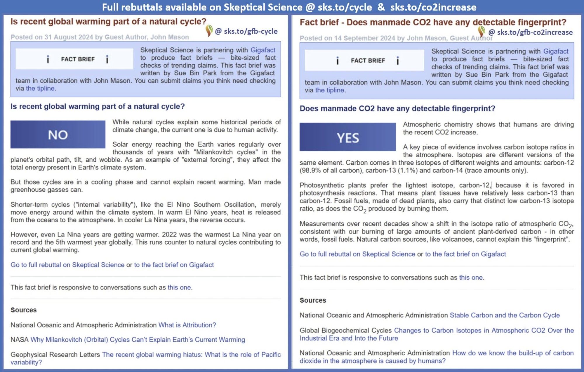 Screenshots of two fact briefs:

Question 1: Is recent global warming part of a natural cycle?
Answer: NO - While natural cycles explain some historical periods of climate change, the current one is due to human activity. [...]

Question 2: Does manmade CO2 have any detectable fingerprint?
Answer: YES - Atmospheric chemistry shows that humans are driving the recent CO2 increase. [...]