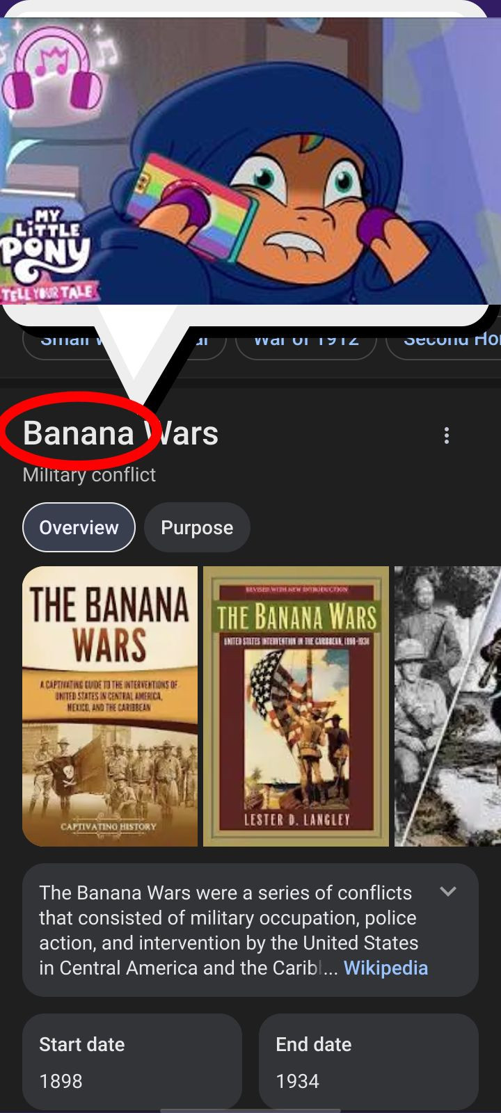 A meme that depicts a screenshot of a google search about banana wars, on top there is an screencap of scared sunny starscout from the episode "my bananas" from my little pony tell your tale