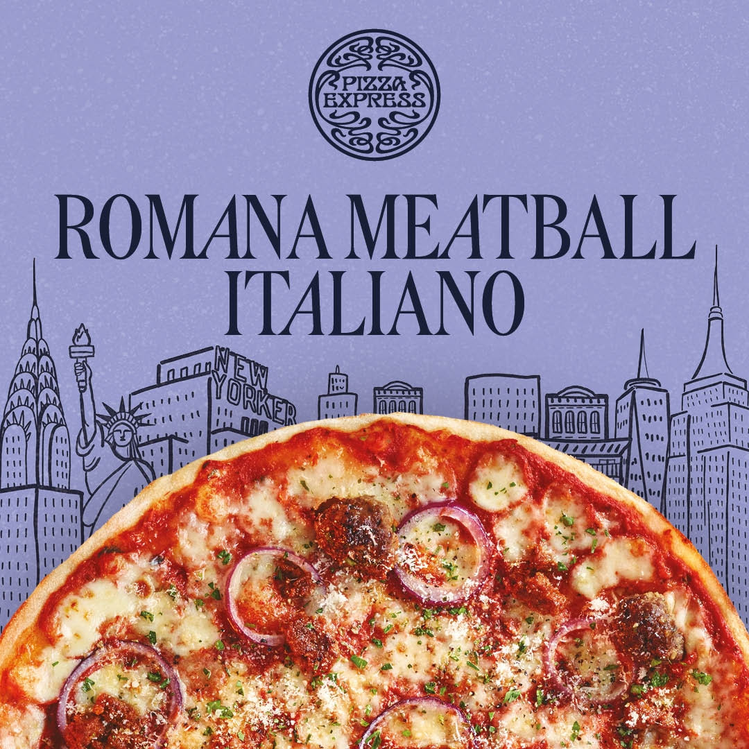 Pizza Express promotional image with half a pizza and a line drawing of a New York skyline. The image says "Romana Meatball Italiano", which is total gibberish in Italian