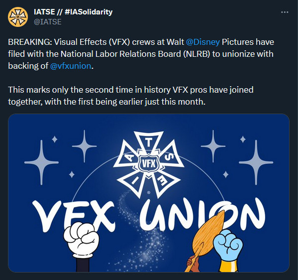 BREAKING: Visual Effects (VFX) crews at Walt @Disney
 Pictures have filed with the National Labor Relations Board (NLRB) to unionize with backing of @vfxunion
.

This marks only the second time in history VFX pros have joined together, with the first being earlier just this month.