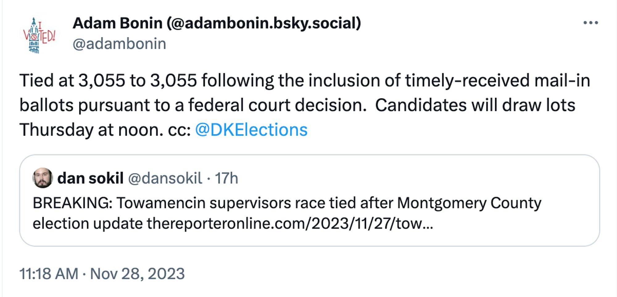 Tied at 3,055 to 3,055 following the inclusion of timely-received mail-in ballots pursuant to a federal court decision.  Candidates will draw lots Thursday at noon.