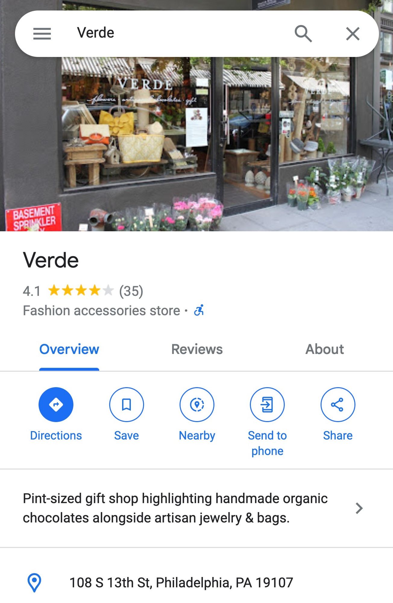 Verde
Fashion accessories store

Pint-sized gift shop highlighting handmade organic chocolates alongside artisan jewelry & bags.

108 S 13th St, Philadelphia, PA 19107