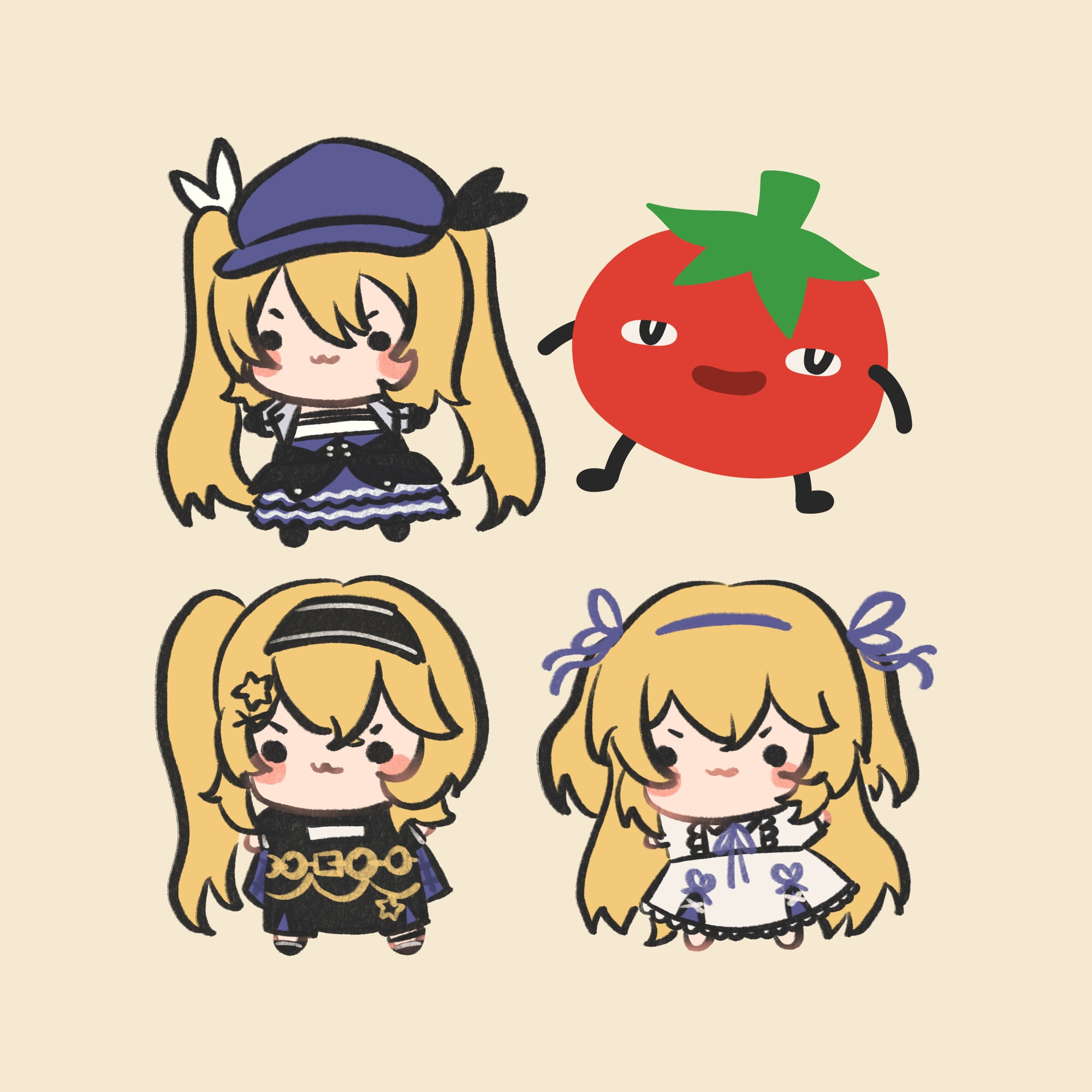 digital drawing of the first 4 forms/outfits of the indie vtuber dokibird in simplified chibi form. She has long blond hair. From top left to bottom right: 
1. Dokibird in her original 1.0 outfit, twin tails a blue hat and blue, white and black dress
2. Dokibird in her tomato form (tomato with eyes and smug mouth and arms/legs)
3. Dokibird in her alt girl outfit with a side pony tail and black and white headband
4. Dokibird in her “maid” outfit with her hair mostly down save for two small twin tails tied up with blue ribbons. Her dress is mostly white with blue ribbon details. 