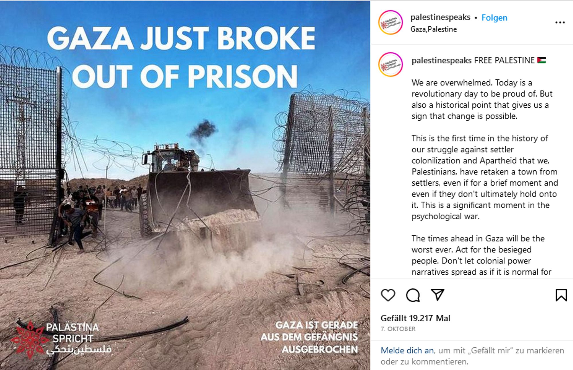 Bild wie ein Bulldozer die Grenze zu Israel durchbricht durch das HAMAS Terroristen nach Israel kamen dazu die Worte "Gaza just broken out of Prison"