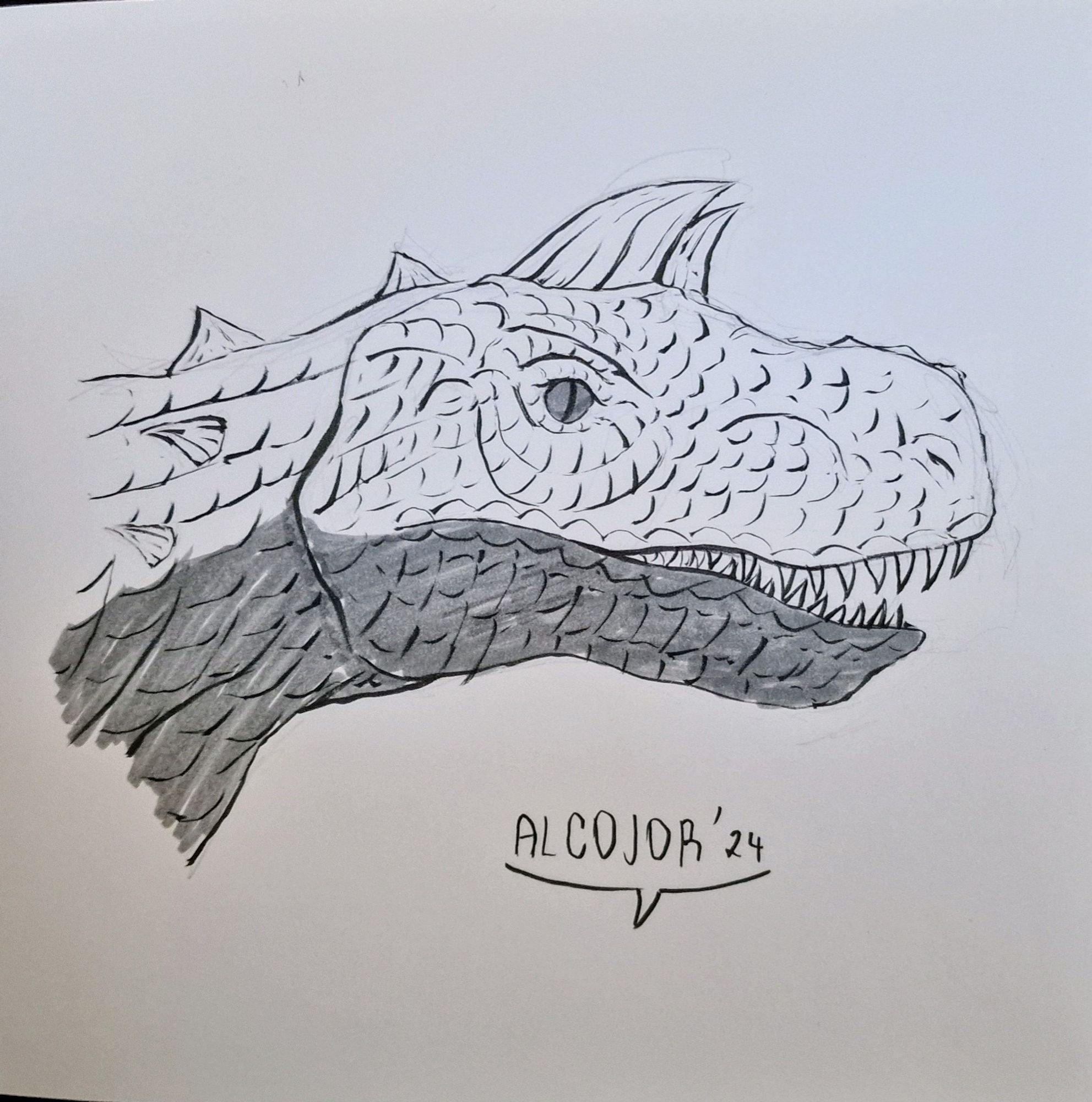 A hand-drawn pencil sketch of a Carnotaurus, inked over to highlight its textured scales, sharp teeth, and spiked back. The drawing captures a side profile of the dinosaur's head, with shading added for depth and detail.