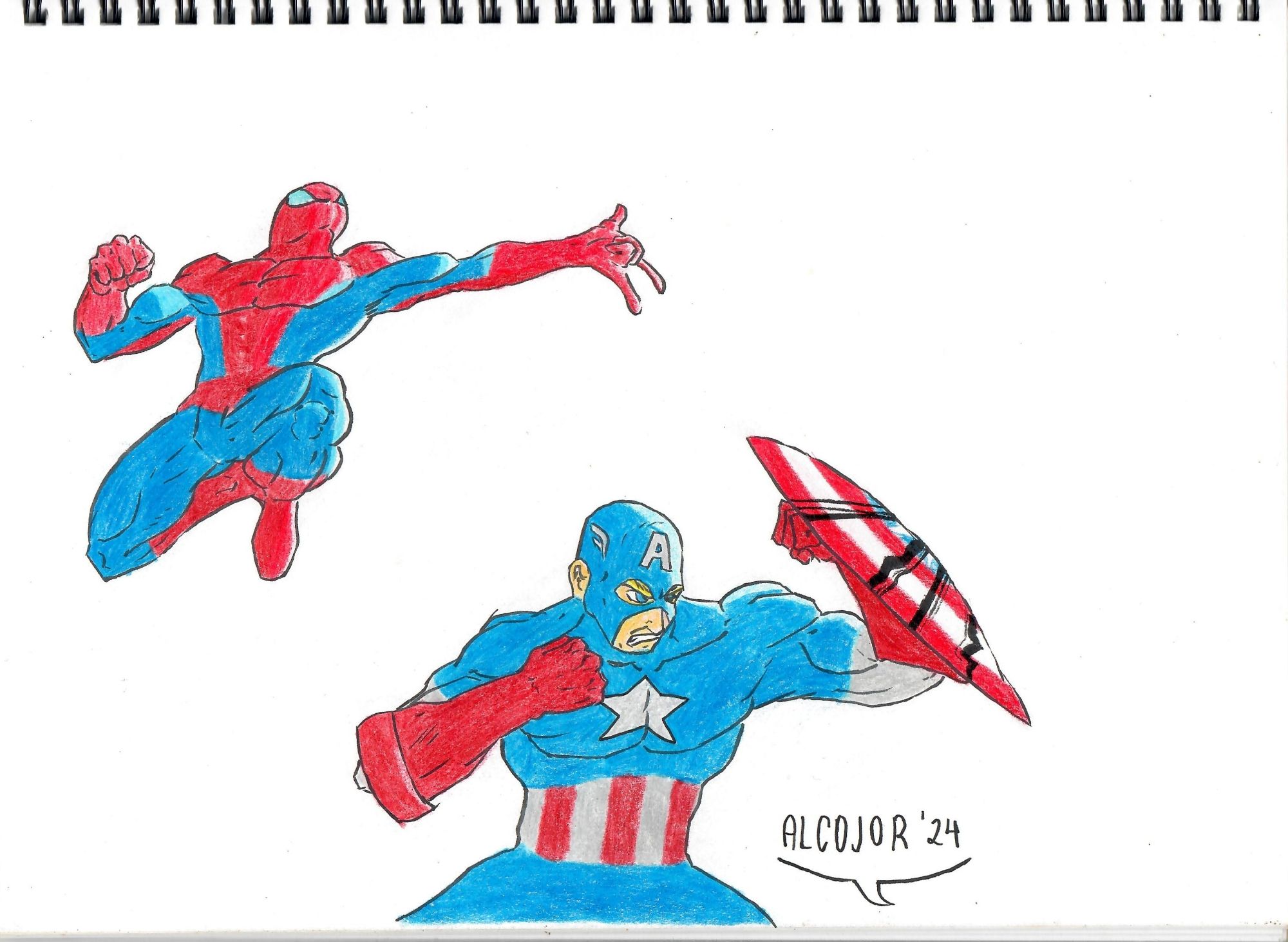 A hand-drawn illustration featuring two iconic superhero characters in dynamic poses. On the left, Spider-Man is shown mid-jump, extending his right hand as if to shoot webs. He is wearing a red and blue suit, highlighted with strong colors and shading. On the right, Captain America is depicted with a stern expression, holding his red and silver shield while preparing to strike with his fist. His blue suit is marked with a white star on his chest and red and white stripes on his torso. The drawing is signed "ALCOJOR '24" in the bottom-right corner, showcasing the artist's work, which was initially sketched, inked, and colored using colored pencils.