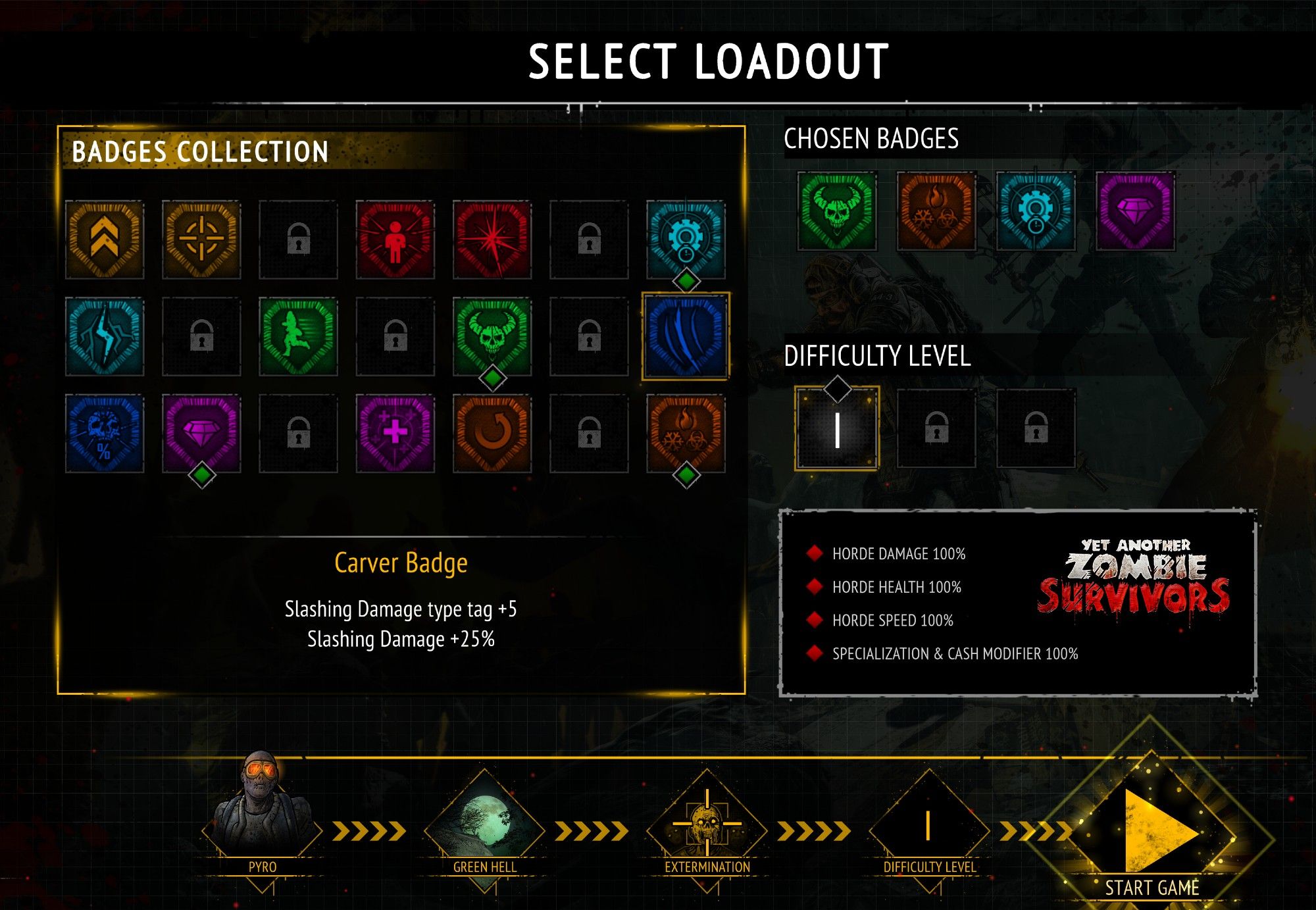 Badge customization and difficulty level selection screen in Yet Another Zombie Survivors game