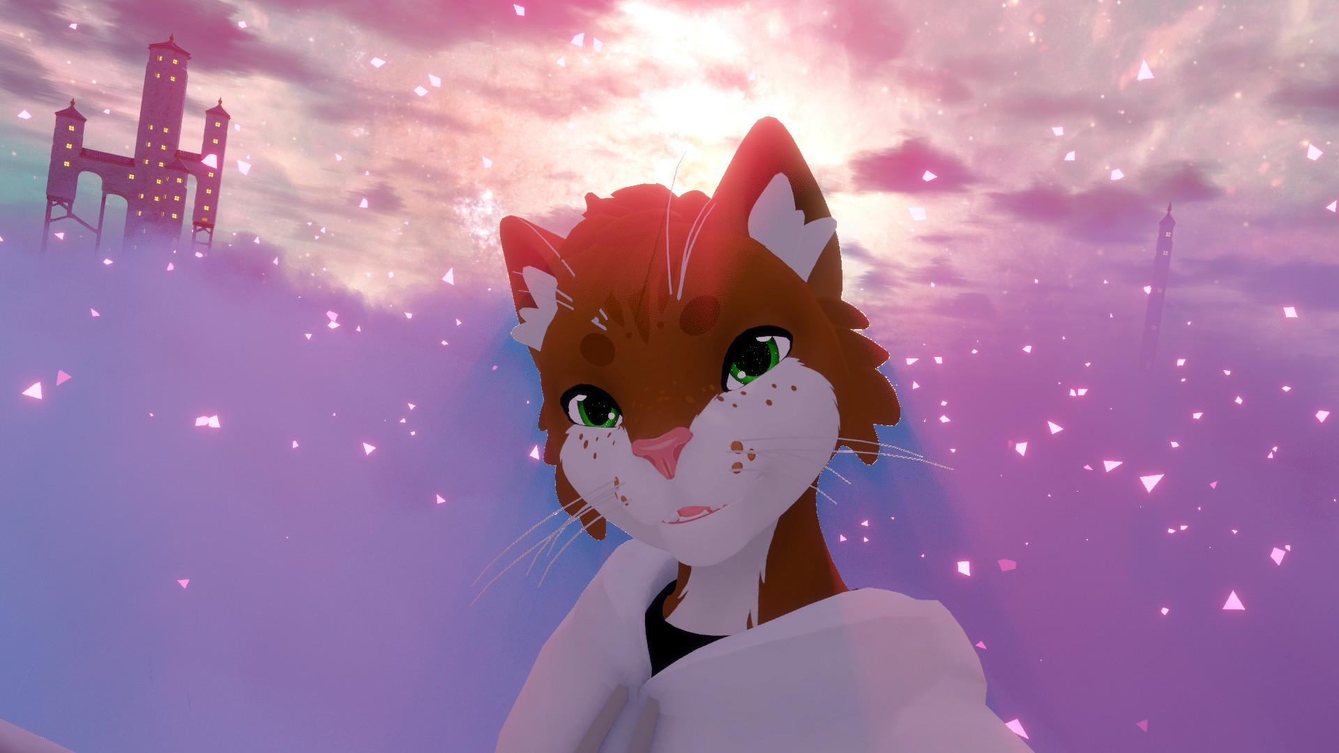 A ginger anthro feline in VRChat smiling in front of a bright sunset, above the clouds with particles sparkling in the air.