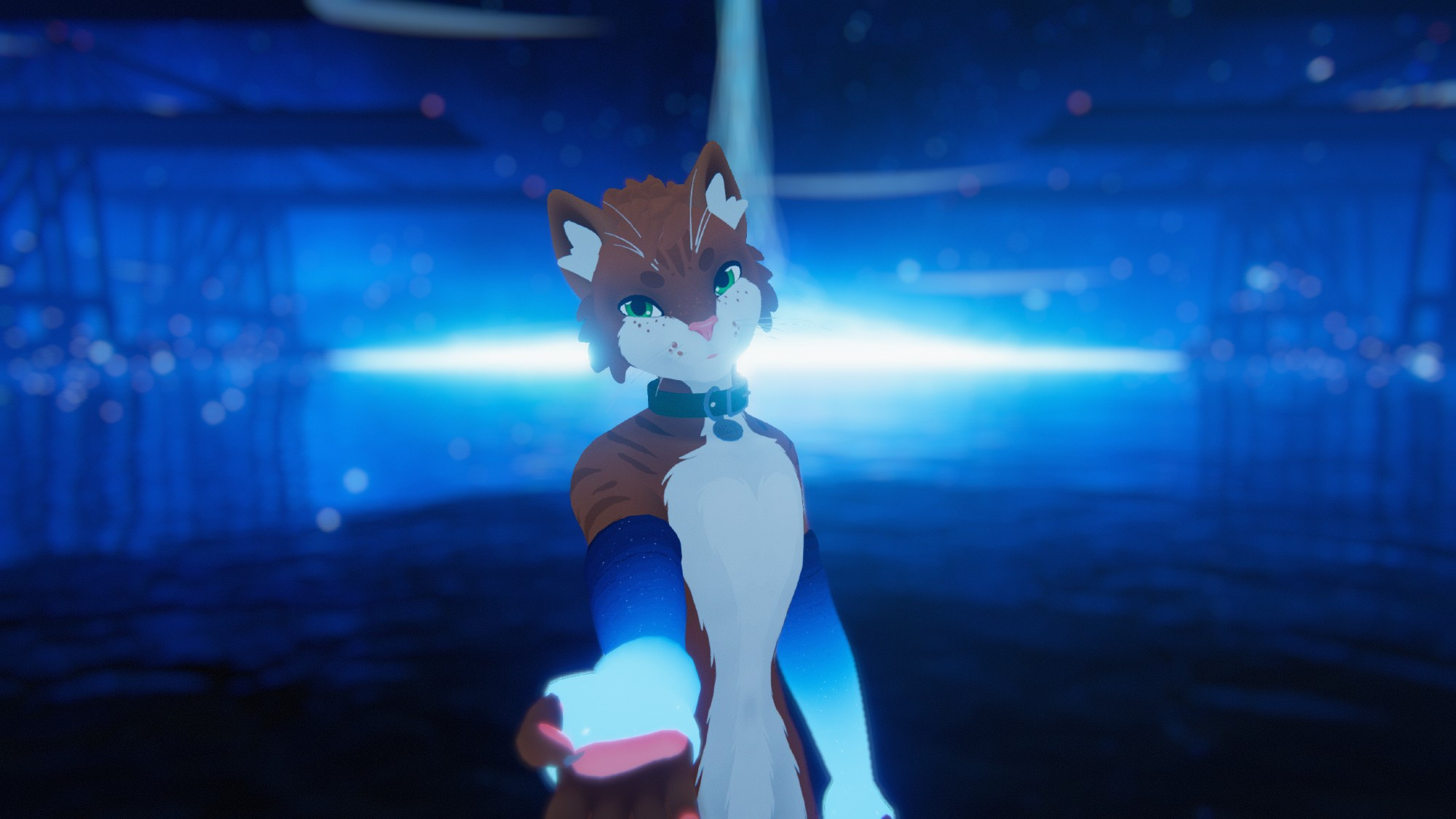 A ginger anthro feline in VRChat, wearing luminous blue armwarmers in front of an otherworldly, and equally luminous, blue background.