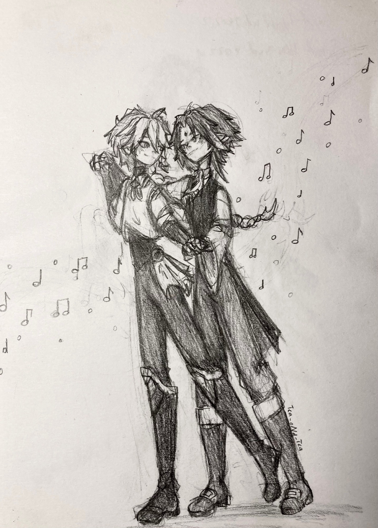 A pencil drawing of two characters front to back dancing while holding hands and looking at each other 