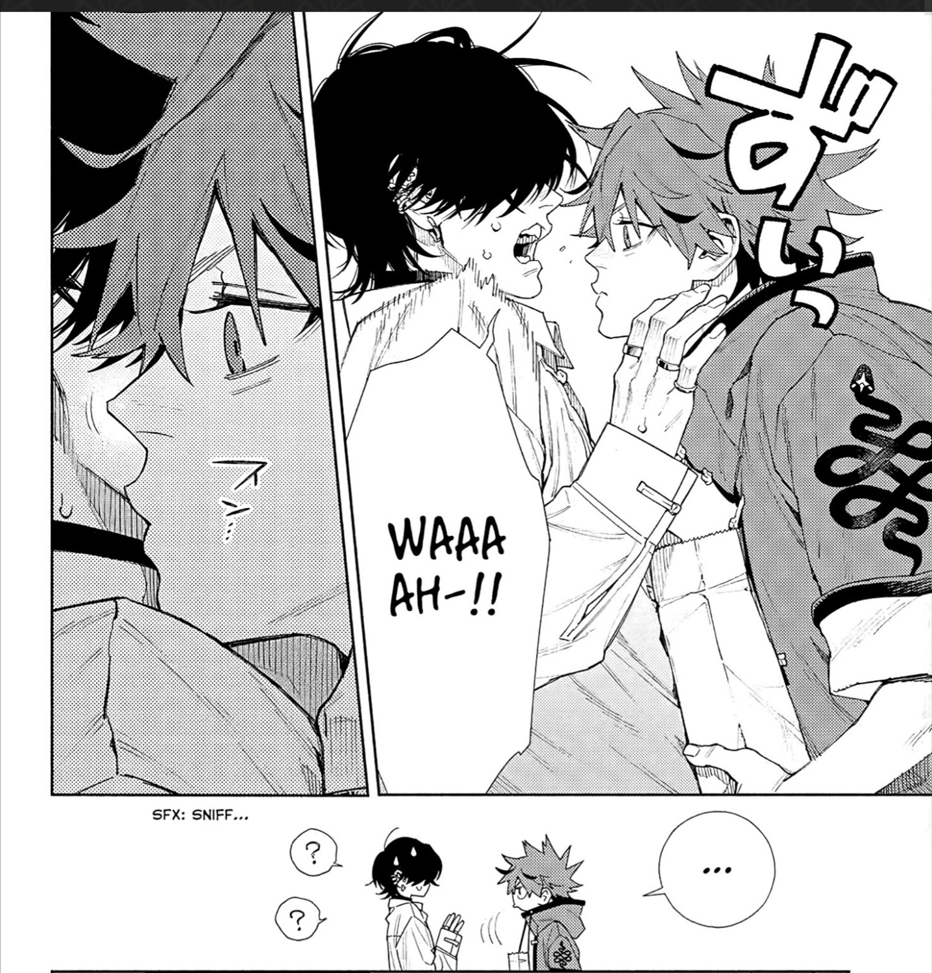 A screencap of 3 panels from the manga Gokurakugai. Panel 1: Mid range view of Yuto and Alma. Yuto is shocked and Alma leans in towards Yuto, close enough that his paper bag full of food is pressed between them. Yuto exclaims "WAAAH-!!". Panel 2: Close up of Alma sniffing Yuto's neck.  Panel 3: Chibi long distant shot of the two. Yuto sweats, surrounded by question marks. Alma has a serious look on him and stares intensely at Yuto, his speech reads: "...."