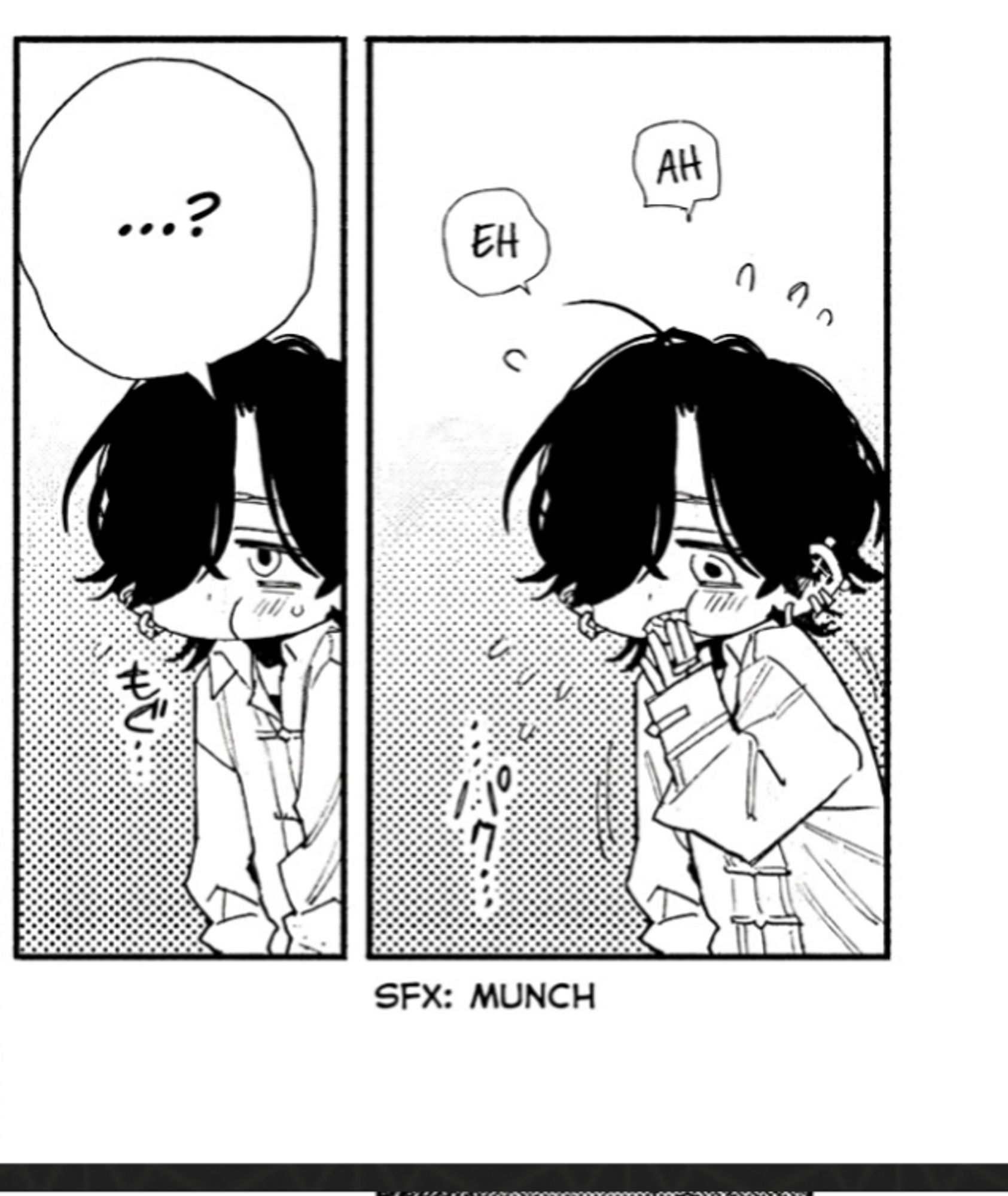 Two panels from the manga gokurakugai, featuring Yuto. Panel 1: A Chibi of Yuto nervously stuffing his mouth with a fish shaped treat. Speech besides him reads "Eh" "Ah". Panel 2:  Chibi Yuto his cheek is stuffed with the treat, his speech reads "...?" SFX: Munch