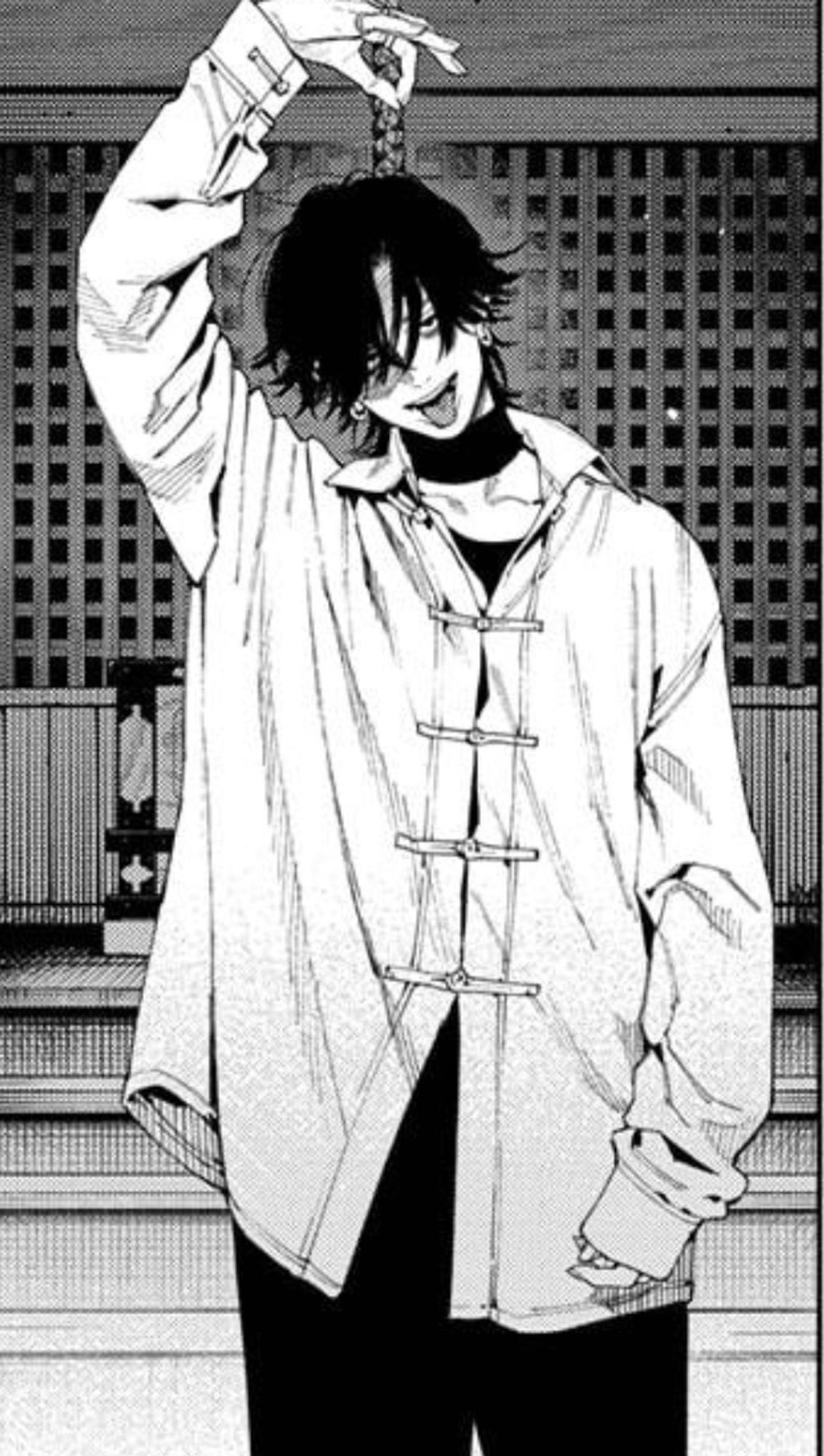 Screencap of a crop of a panel from the manga Gokurakugai. Yuto stands with a taunting expression. One arm is raised above his head in a mock hanged-man pose.