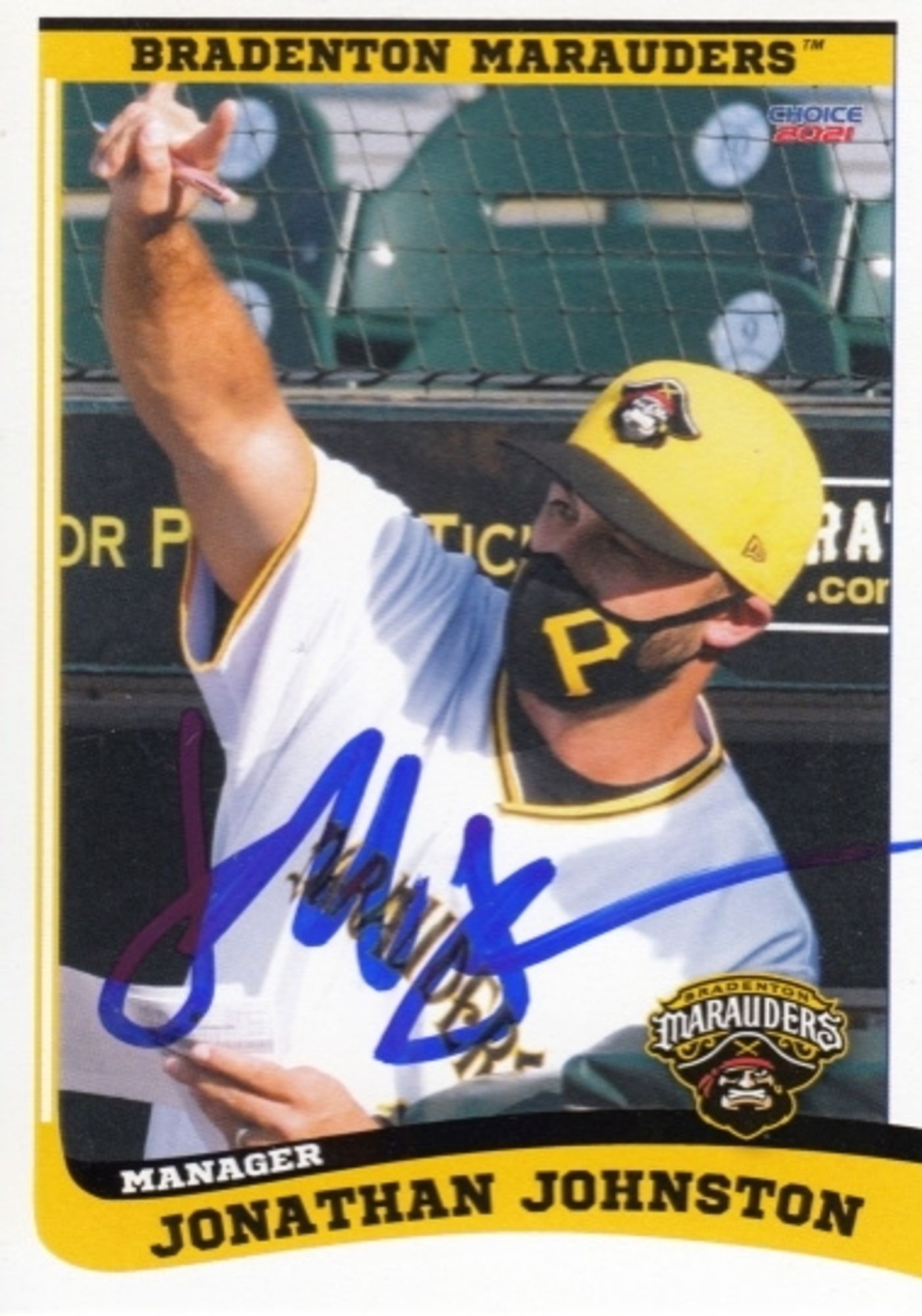 Autographed 2021 Bradenton Marauders minor league baseball card of Jonathan Johnston.