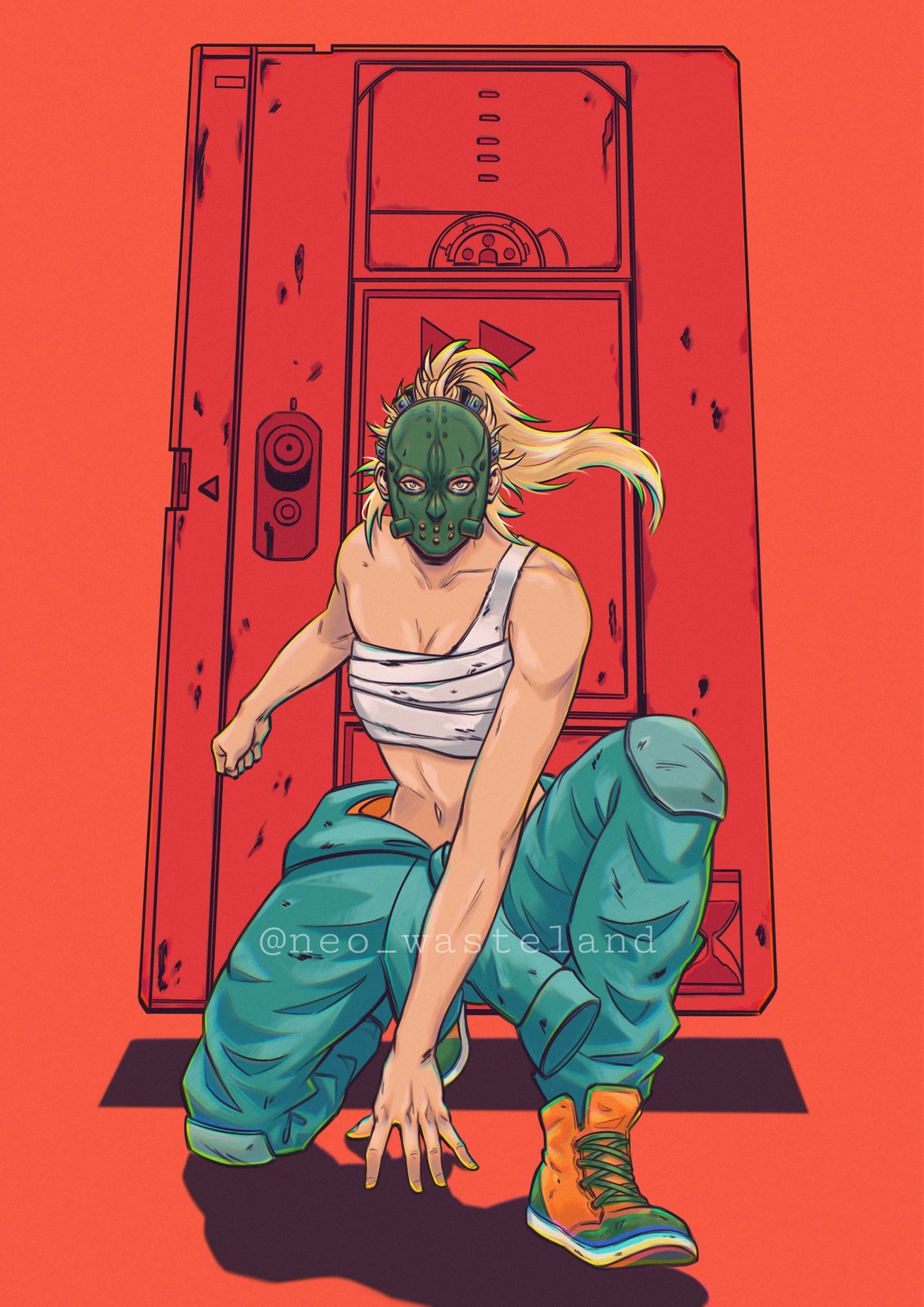 The artwork shows Nikaido from Dorohedoro. A girl with blonde hair and a green mask wears a colorful turquoise jumpsuit with orange green sneakers. She‘s in a fighting pose and behind her is a floating door, the background has a bright red color