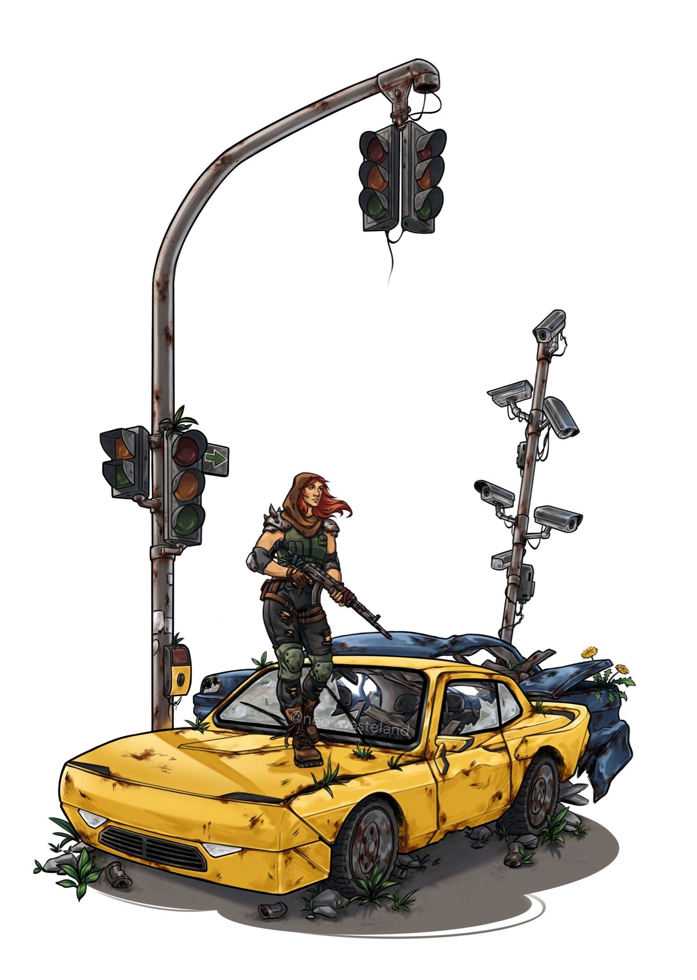 Illustration that shows a girl with red hair in postapocalyptic clothes on top of a yellow car. Behind the yellow car is another car, in blue. there’s also a huge traffic light on the left and a pile of cameras on the right. The cars are rusty and overgrown