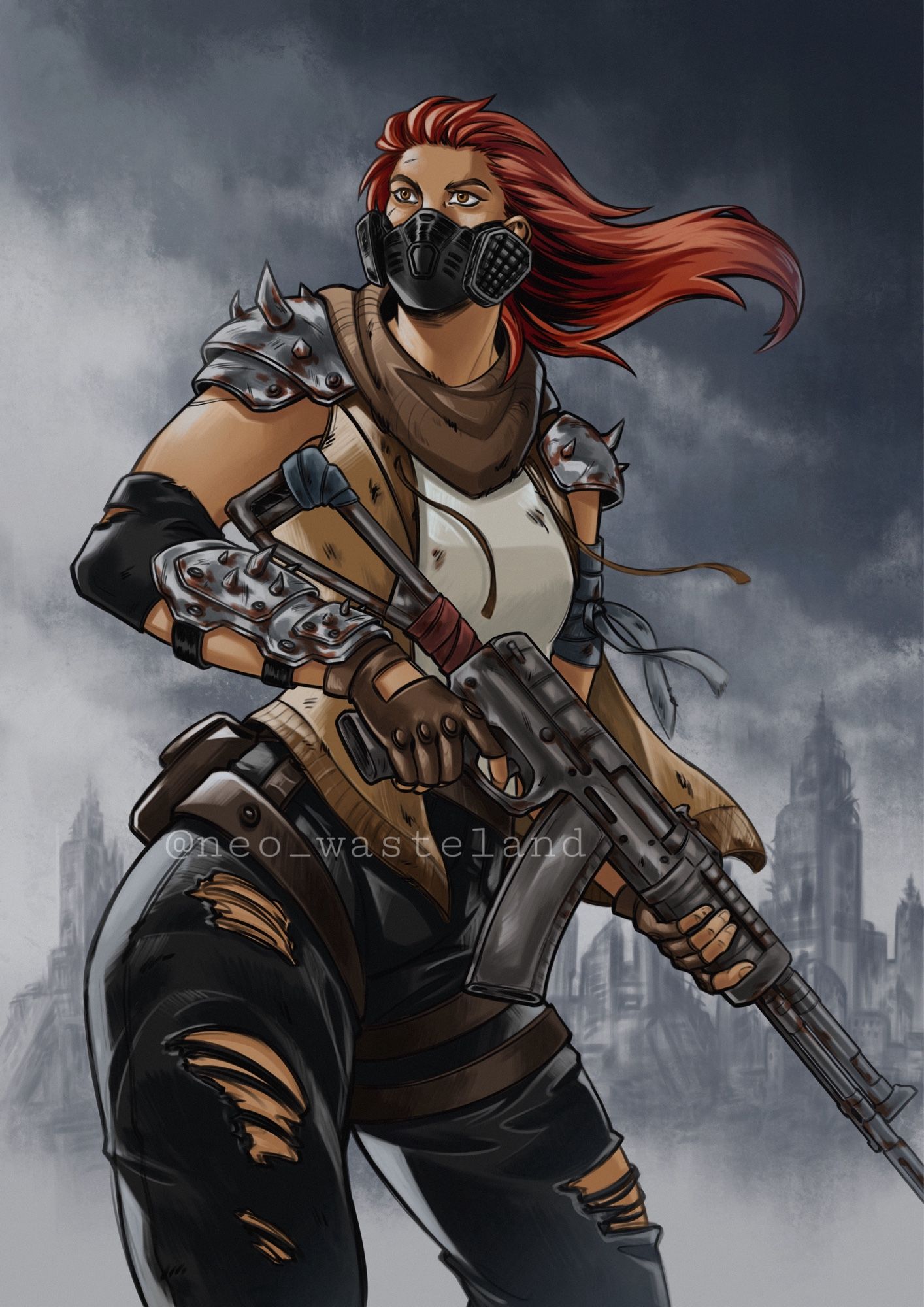 This artwork shows a red haired girl with postapocalyptic clothing and armor in a dystopian setting. The background has a dark cloudy sky and destroyed buildings in grey. The girl also holds an old rusty gun and wears a black gasmask.