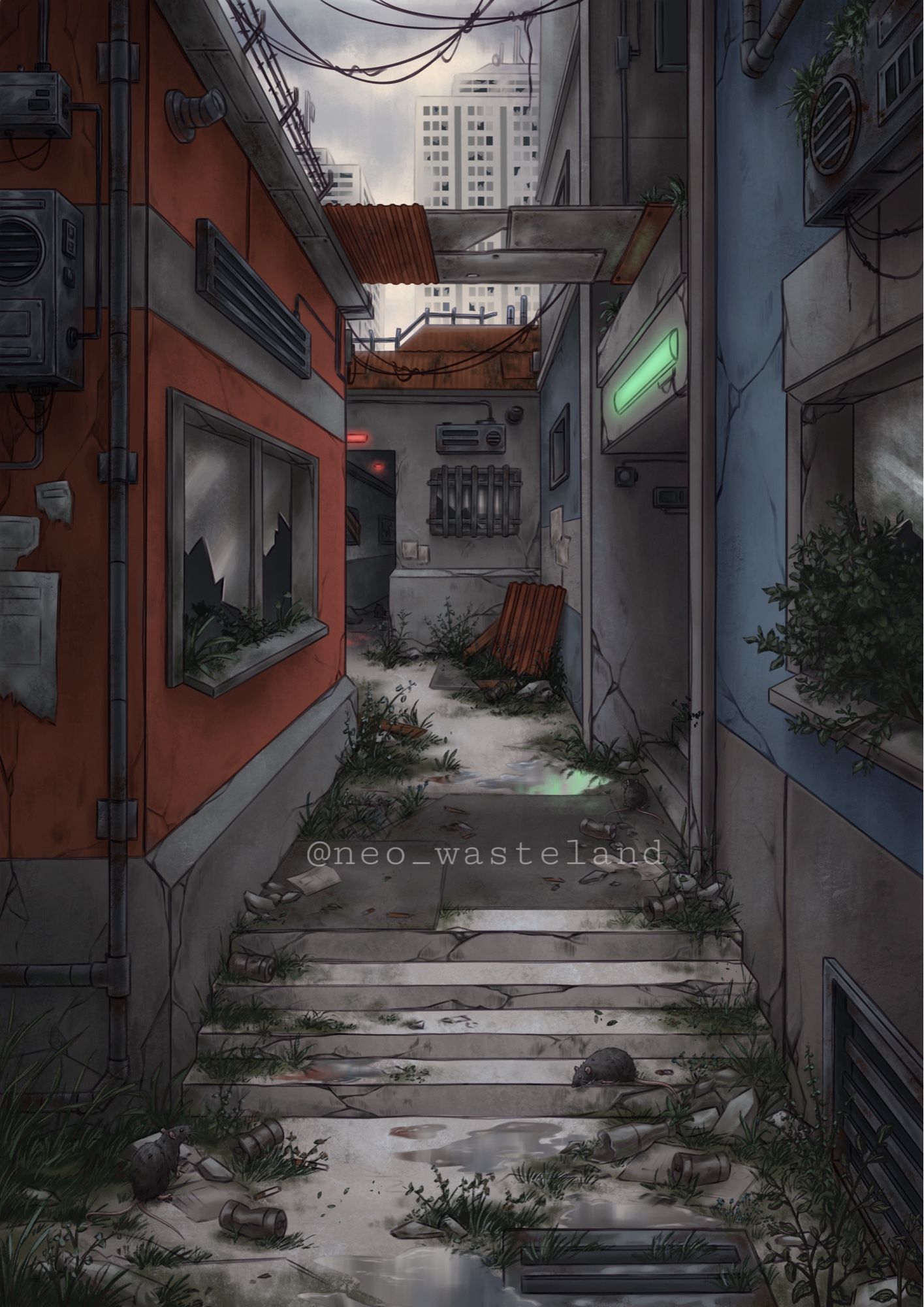 The illustration shows a backside alley in a postpocalyptic and futuristic style. It‘s a gloomy and overcast scene, with narrow buildings and a green and red neon light. The whole alley and the buildings are overgrown with plants and you can spot some rats on the ground.