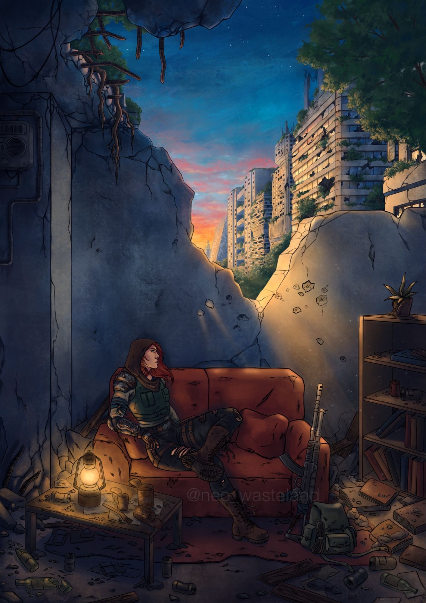 A red haired girl wearing a green vest, black pants and brown boots with lots of belts and pieces of armor sits on a red sofa in the middle of a destroyed room. There’s a table on the left with a lamp on it and a little bookshelf on the right, the whole scene surrounded by trash and debris. In the background you can see more destroyed buildings and plants growing everywhere, the sky fades from blue to pink to orange as it’s dawn and the sun is about to go down.