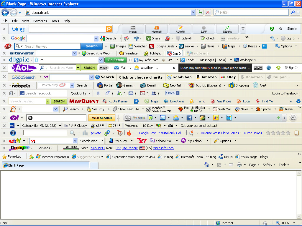 Internet Explorer 8 with 16 toolbars