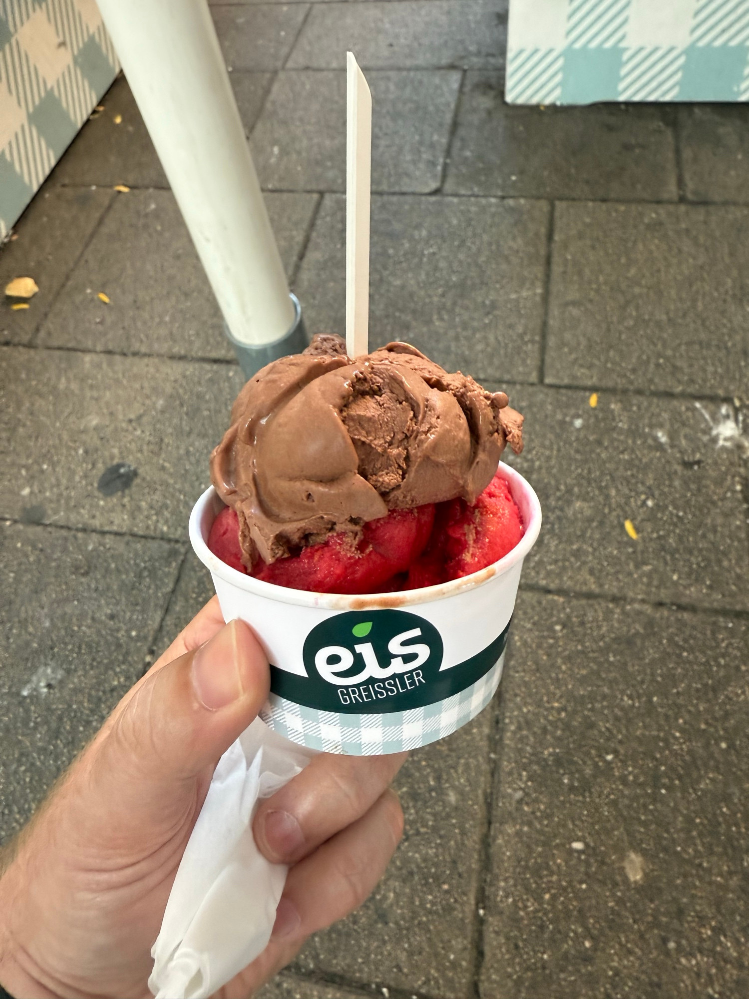 A cup of ice cream with one scoop each of raspberry and dark chocolate from Eis Greissler in Vienna. 