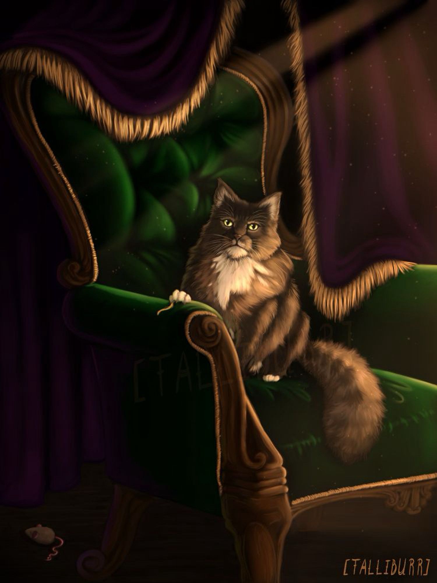 At this stage colors are added and the painting is finished.  The cat sits looking towards the viewer as light cascades down from the top right side of the image.  The chair is a vibrant emerald green in coloration with gold stitching, and the curtains are a deep, wine-colored purple with golden tassels. A toy mouse sits on the floor next to the chair and the cat’s paw rests on a loose tassel string.  The cat’s fur is long and is various shades of brown and grey, and it has a white chest and white socks.  She has a somewhat vacant stare as requested by her owner.