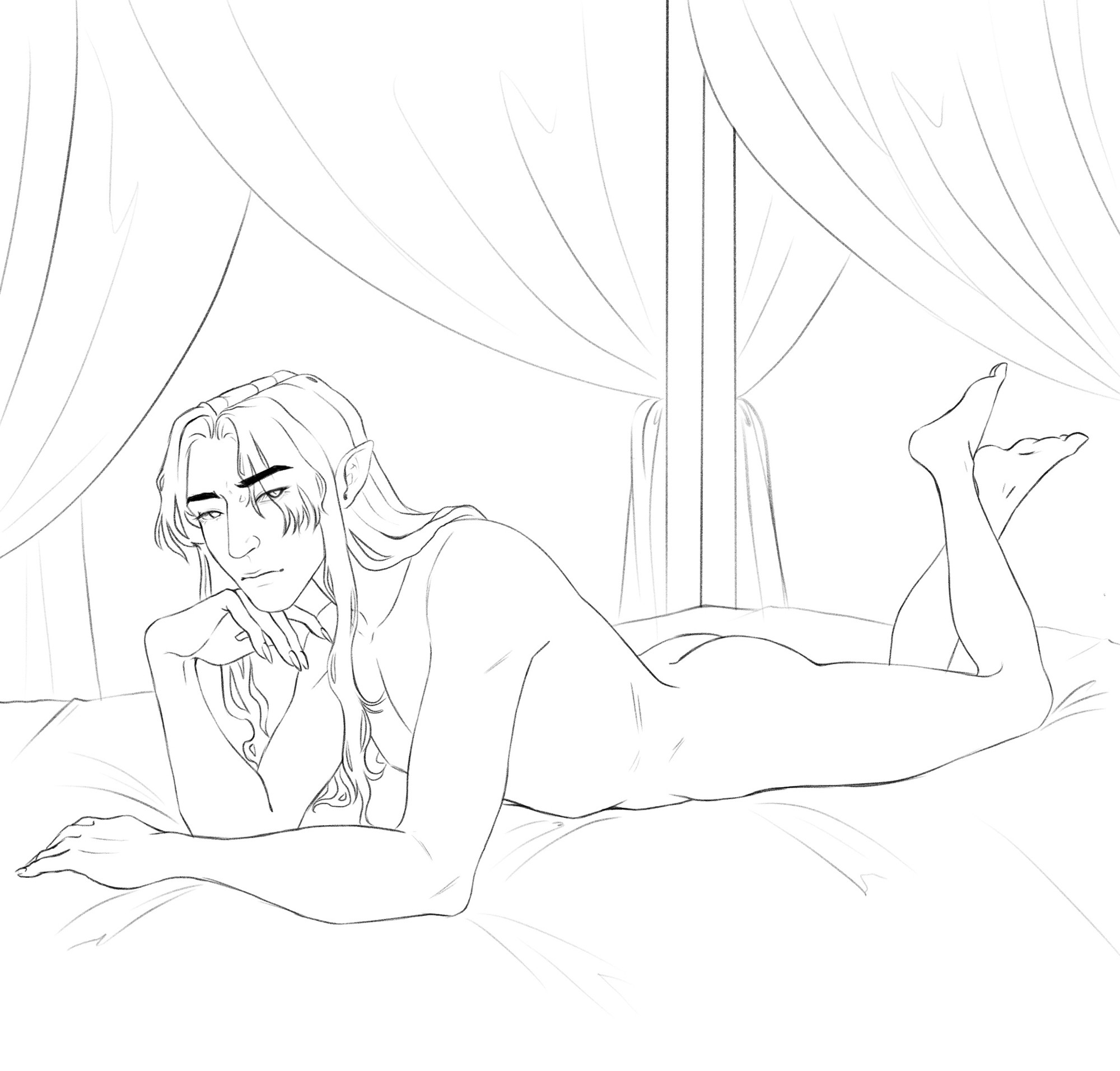 Vampire hou Zishu lying on his stomach naked on the bed, legs crossed 