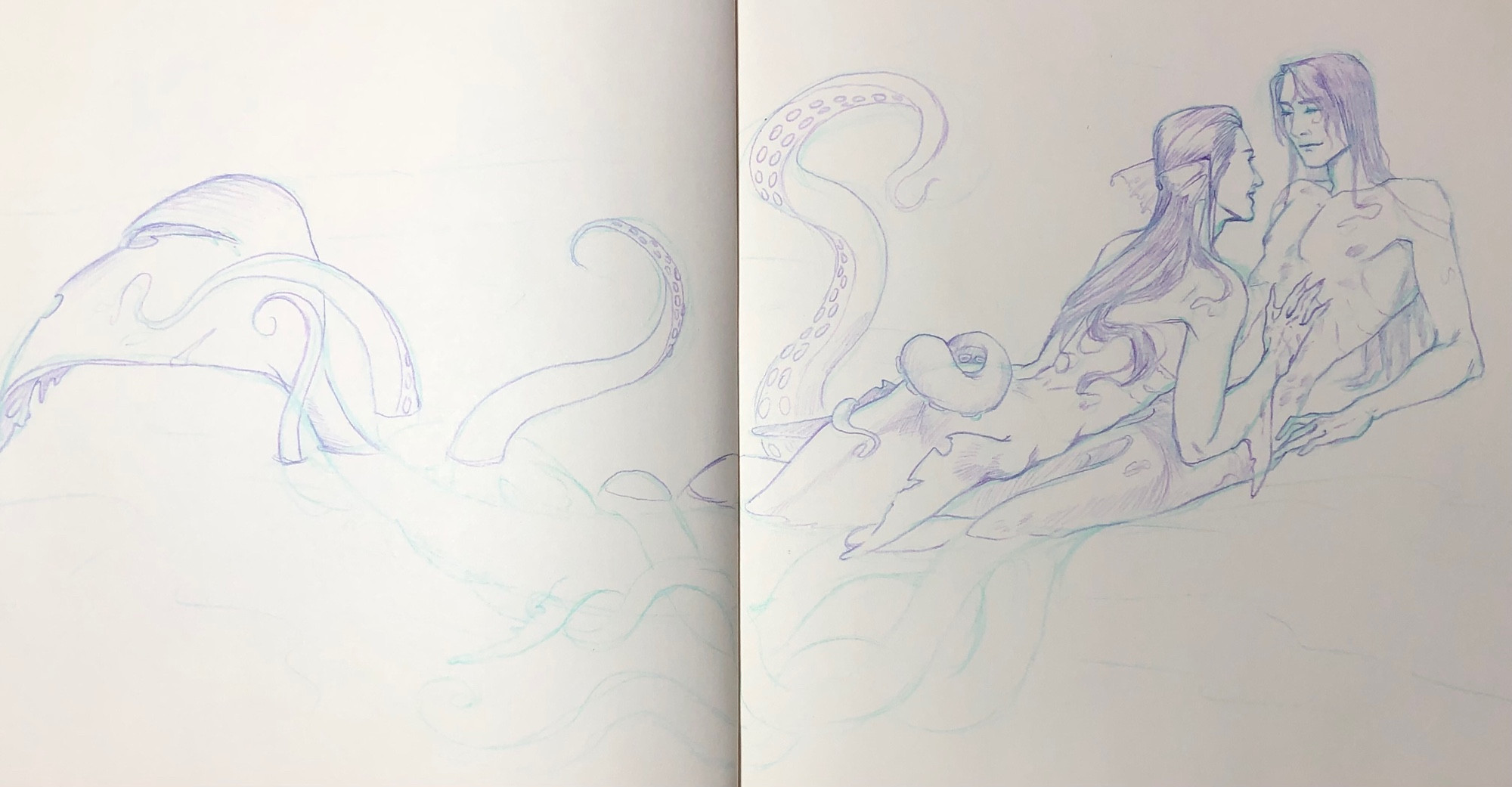 Merfolk au wenzhou chilling on the beach. Zhou Zishu laying on sand, and there’s tentacles instead of his legs and he touches Wen Kexing whoy lays on top of Zishu and his tail mostly in the water