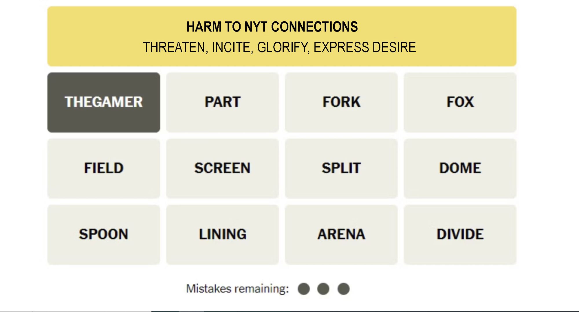 NYT connections puzzle edited to have a category: Harm to NYT connections with the answers "threaten, incite, glorify, express desire"