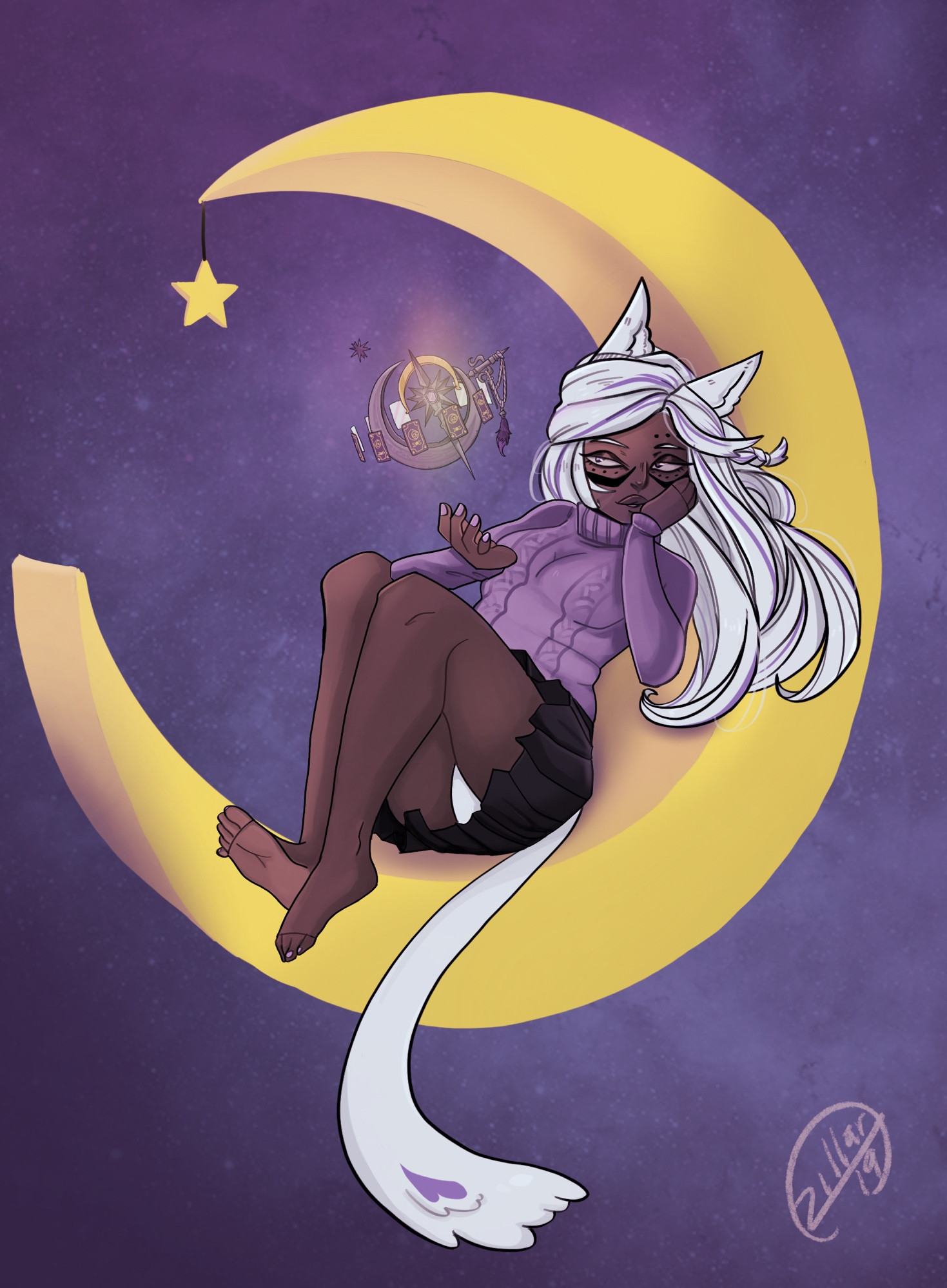 artistic rendering of a catgirl seated on a crescent moon 