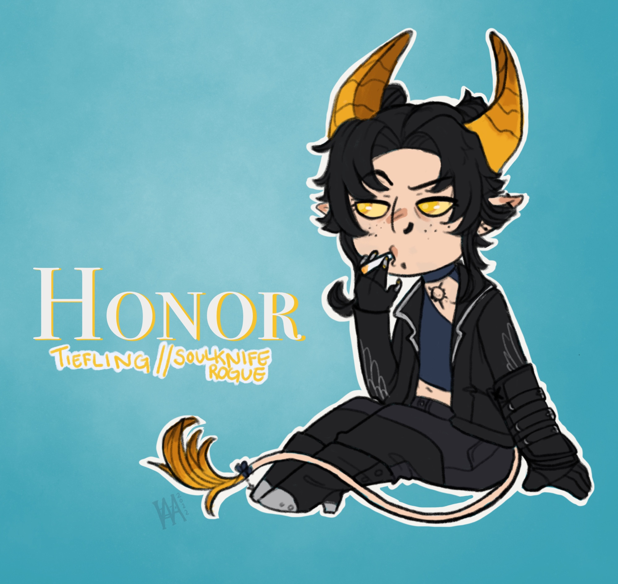 Chibi of horned character smoking 